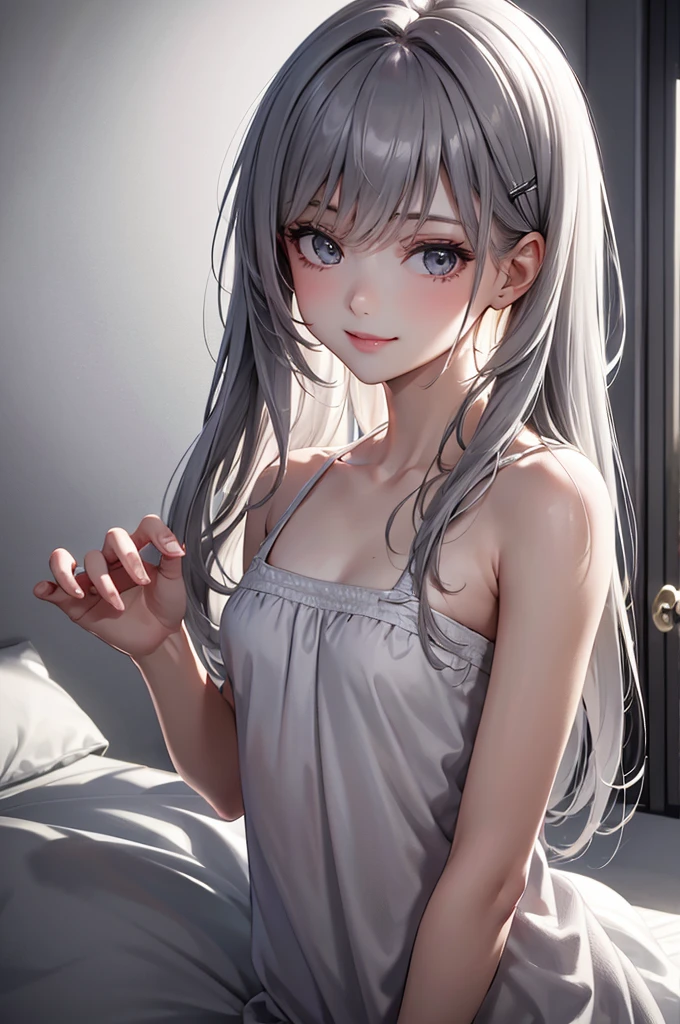 Best Quality,High resolution,8K,finelity detailed background,Masterpiece:1.2),beautiful girl,Glossy romance gray hair,asymmetrical hair,Gray eyes,Gentle look,A refreshing look,smile,Best quality,Best Quality,Aesthetic and aesthetic:1.2,Best details((Super detailed))(High-definition CG illustrations),Upper Body,Dark grey underwear,Slender body,night,moon,Bedroom,On the bed,smile,blush,cute,Scrounge,Looking up,Being spoiled,super model,wariza,shoot from,below