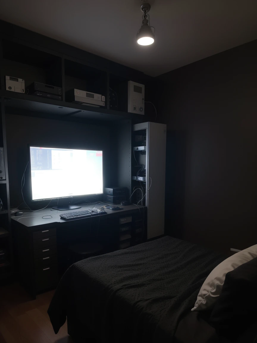 a hacker room that has a large server center with cables and lights, a very robust dedicated server with a lot of technology, dark bedroom, low lighting, ultra realistic detail 8k (3 LARGE MONITORS) photo taken from a cell phone in the view of the cell phone in the corner of the room with details identical to real life that make it look like a real photo details on the server with cables connecting devices and LEDs indicating operation