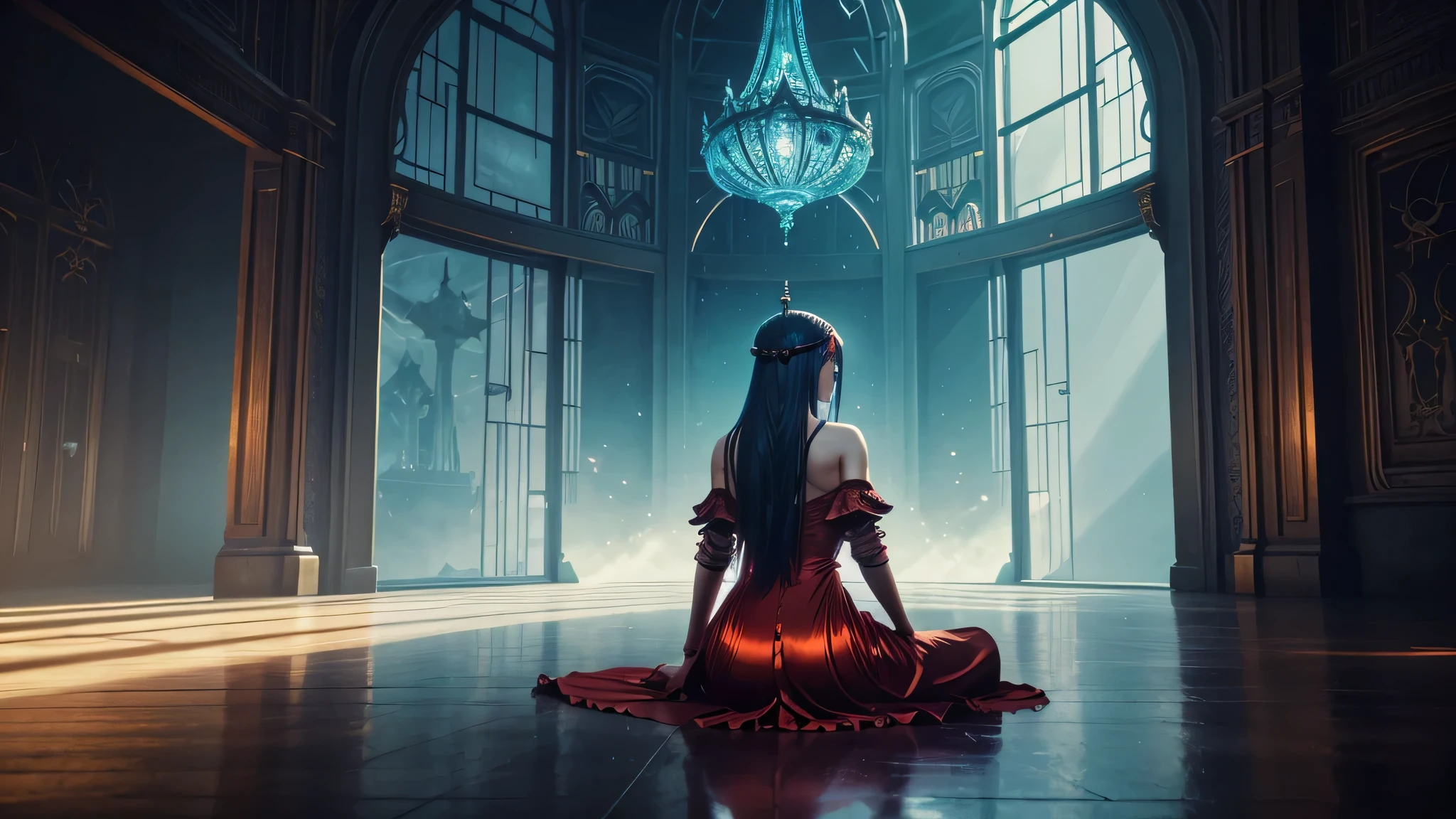 anime, a woman in a long red dress sitting on floor with cross legs and her hand touching floor, her back towards viewers not looking towards viewers, dark fantasy art, alice x. zhang, zen méditation cyberpunk, paul lehr and beeple, beeple and alphonse mucha, an ominous fantasy illustration, charlie bowater rich deep colors, elegant cinematic fantasy art, stylized fantasy artwork