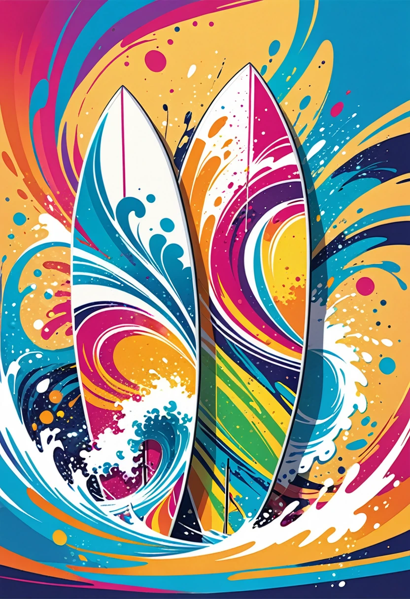 vectorial art, Colorful illustration with two surfboards, At the center, swirly vibrant colors, paint splashes and smears, high détail,Hawaiian style background