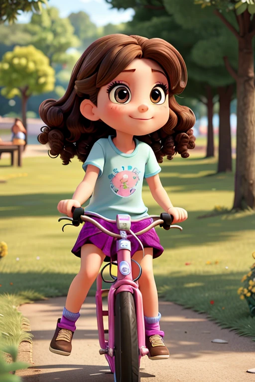 A seven-year-old, full of energy and curiosity. She has curly brown hair that falls over her shoulders.., and your brown eyes, always attentive and full of life. She is average height for her age and prefers to wear colorful and fun clothes., reflecting your cheerful personality,she is in a park full of trees and flowers with several butterflies and is riding a bicycle