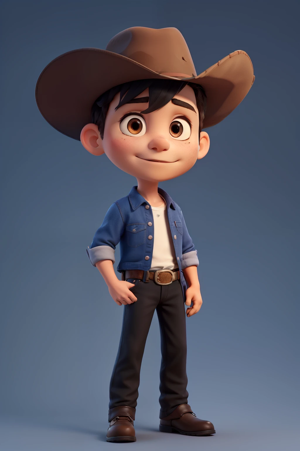 10 boy, of different position, dark eye, Bblack hair, eyes black, black cowboy hat, brunette skin, blue outfit, simple background, light background