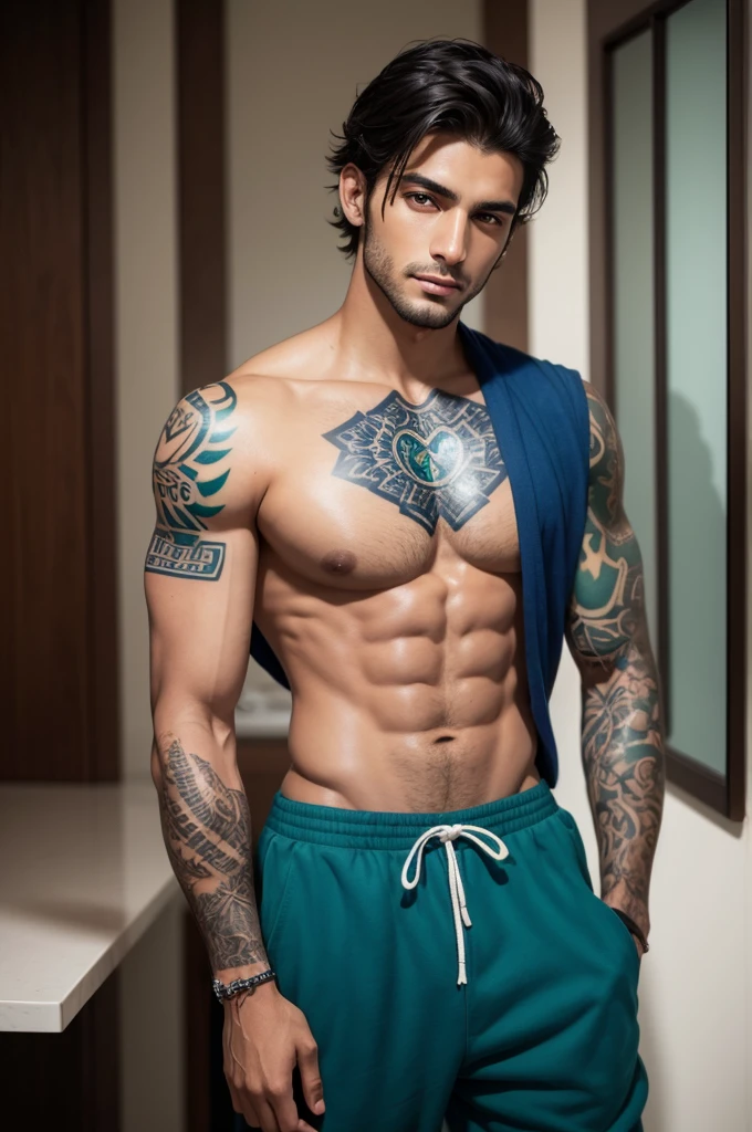 Beautiful Brazilian man with dark skin, greeneyes, blue outfit, tattoo on shoulder
