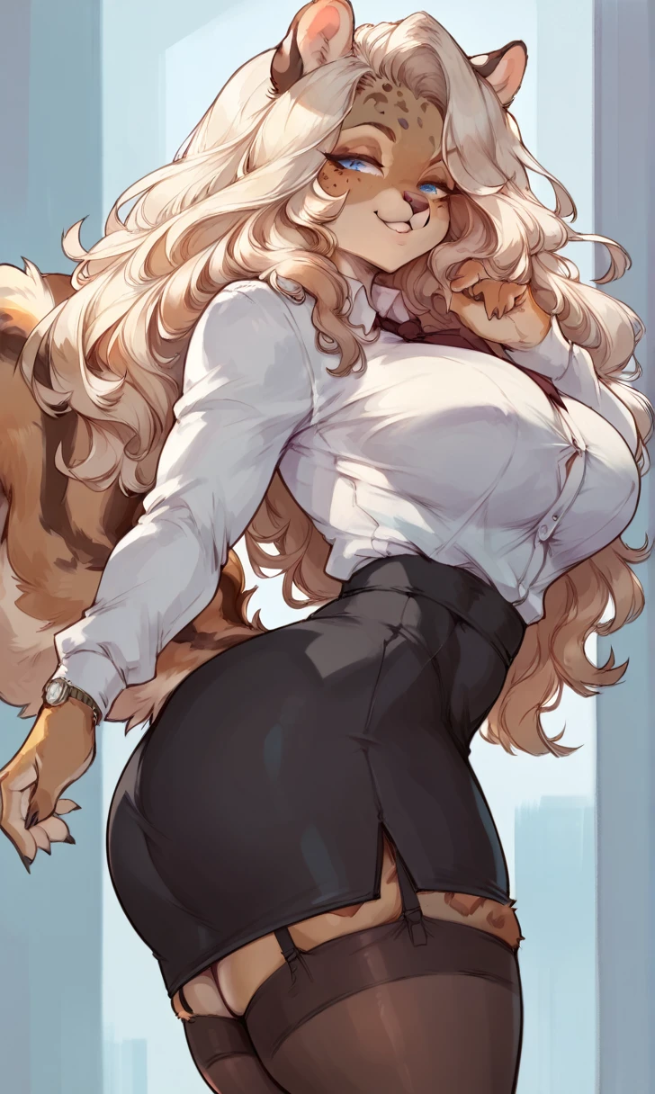female anthro Snow leopard,Brown long fluffy hair, fluffy hair, squirrel ears, Snow leopard, big breasts, attractive, secretary clothes, thicc body, thicc, freckles, freckles on face, neutral expression, smug eyes, skirt, black skirt, garter belt tights, she is standing (thick thighs:1.5) focus on ass, watch your back, biki big ass sexy ass sexy but invitation