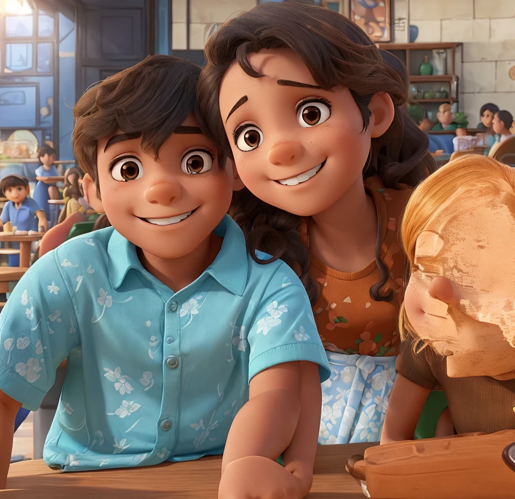 A young boy and a woman are seated at a table, both smiling broadly. The boy is wearing a blue shirt with a floral pattern and brown skin color and the woman has an orange top, long hair and brown skin color. They seem to be enjoying their time together. In the background, there's a bustling restaurant setting with other patrons and tables.