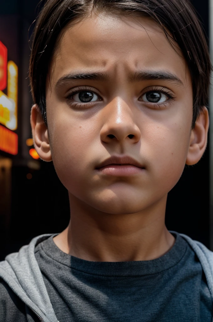 "Create a cinematic, realistic 4K image with a black background filled with various Hollywood movie posters, slightly overlapping and creating a confusing effect. In the foreground, a young boy stands confidently, looking straight ahead. Behind him, subtly blend in shocked reactions of people, adding depth and intrigue to the scene. Ensure the aspect ratio is 16:9 to capture the clarity and detail of the boy's expression and the background reactions."