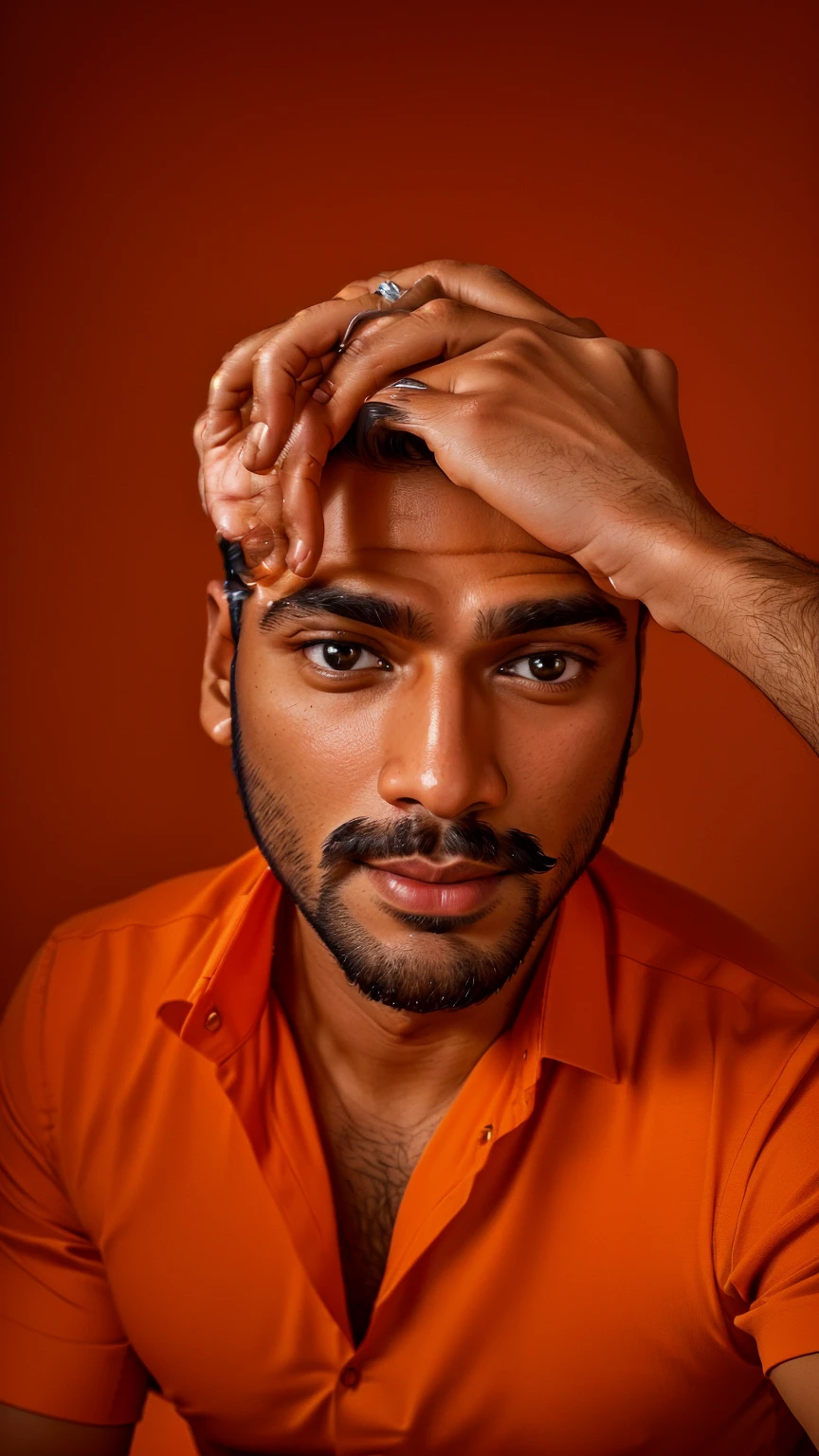 there is a man in an orange shirt sitting down with a cell phone, with accurate face, 8k selfie photograph, face picture, good looking face, portrait shot 8 k, without beard, harsh good looking face, professional profile picture, jayison devadas, without beard and mustache, very very low quality picture, handsome face, portait photo profile picture