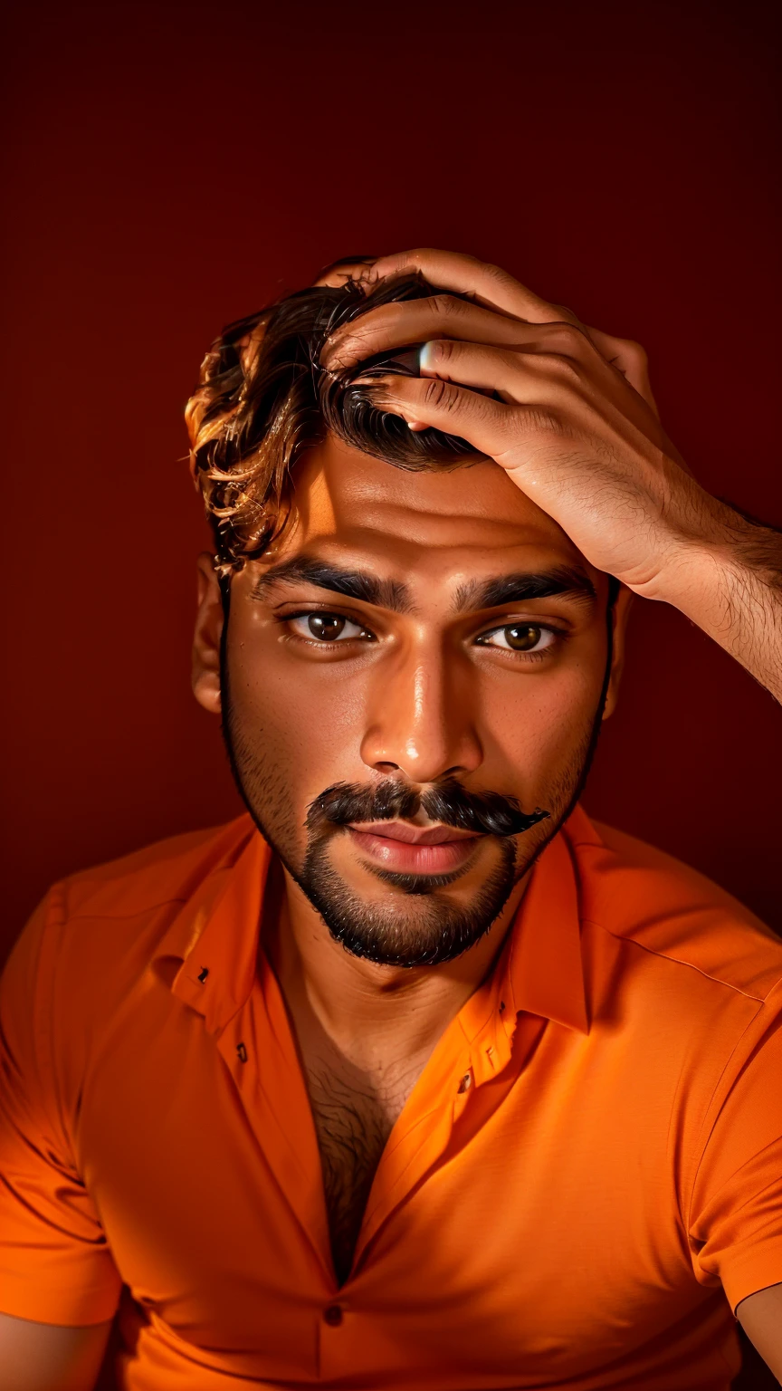 there is a man in an orange shirt sitting down with a cell phone, with accurate face, 8k selfie photograph, face picture, good looking face, portrait shot 8 k, without beard, harsh good looking face, professional profile picture, jayison devadas, without beard and mustache, very very low quality picture, handsome face, portait photo profile picture