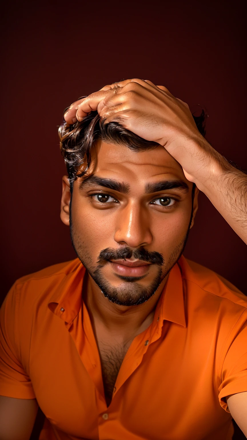 there is a man in an orange shirt sitting down with a cell phone, with accurate face, 8k selfie photograph, face picture, good looking face, portrait shot 8 k, without beard, harsh good looking face, professional profile picture, jayison devadas, without beard and mustache, very very low quality picture, handsome face, portait photo profile picture