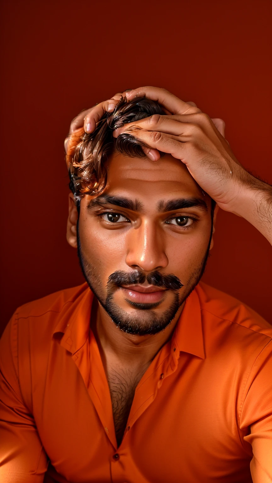 there is a man in an orange shirt sitting down with a cell phone, with accurate face, 8k selfie photograph, face picture, good looking face, portrait shot 8 k, without beard, harsh good looking face, professional profile picture, jayison devadas, without beard and mustache, very very low quality picture, handsome face, portait photo profile picture