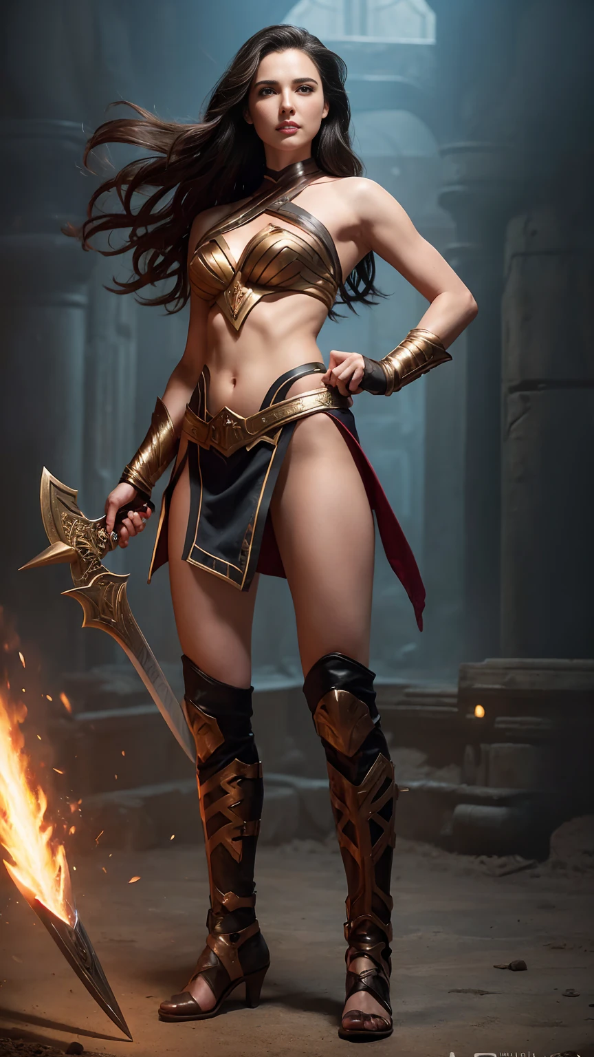 ((Full body photo, standing, feet on the ground)) a woman dressed as a warrior holding a sword, sexy painting of gal gadot, tyler edlin fantasy art, fantasy woman, gal gadot as hell lord, zenescope, a very beautiful berserker woman, magali villeneuve', as seen on artgerm, very beautiful female barbarian, artgerm julie bell beeple, 4k fantasy art