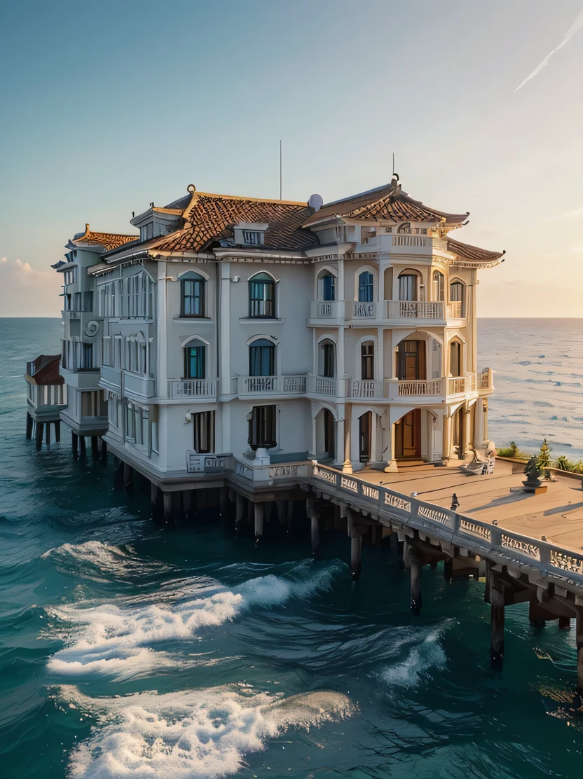 ((masterpiece、Highest quality、Very detailed、High resolution、Realistic、Sharp focus))、((No humans))、coastal、Large mansion、mansion by the sea、Wooden pier