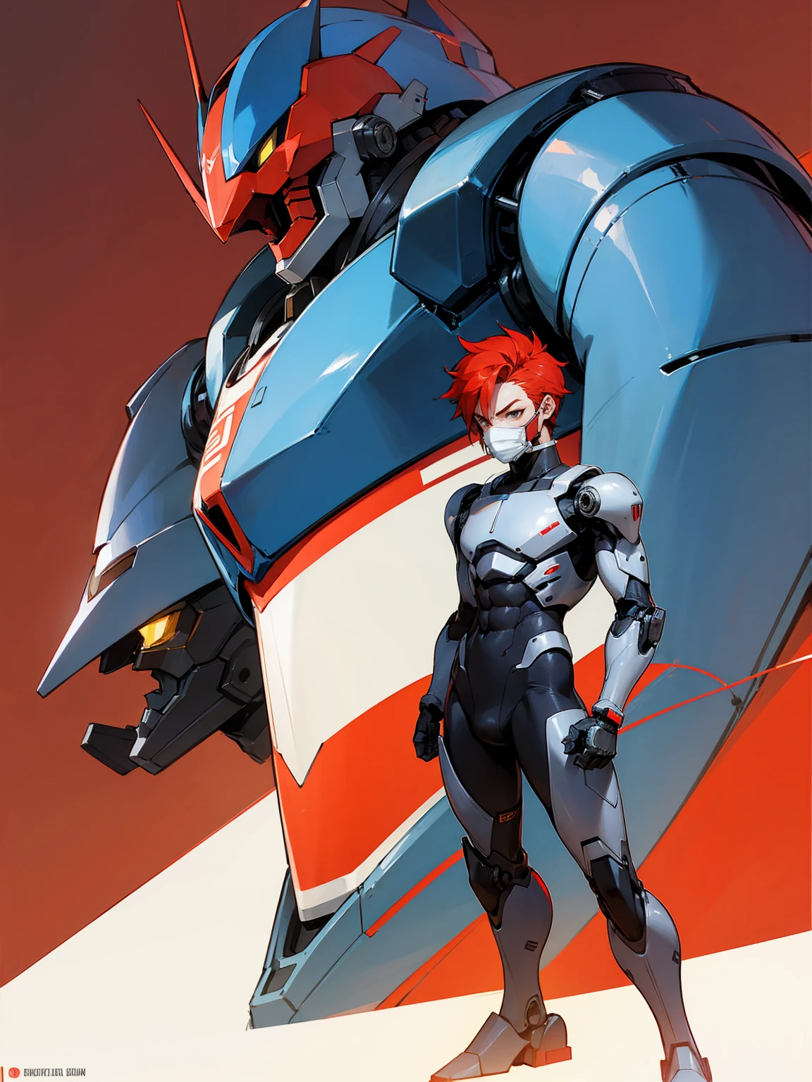 1male, super suit, red hair, robot mask, giant robot in background, standing on path