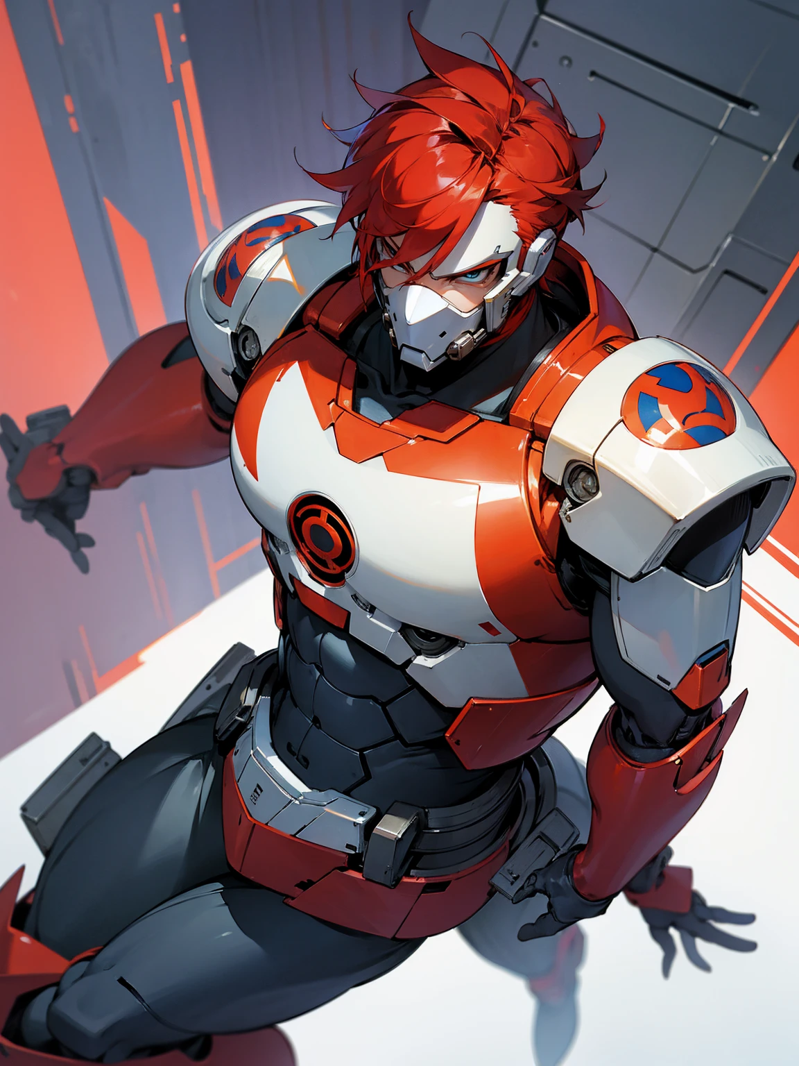 1male, super suit, red hair, robot mask, giant robot in background, standing on path