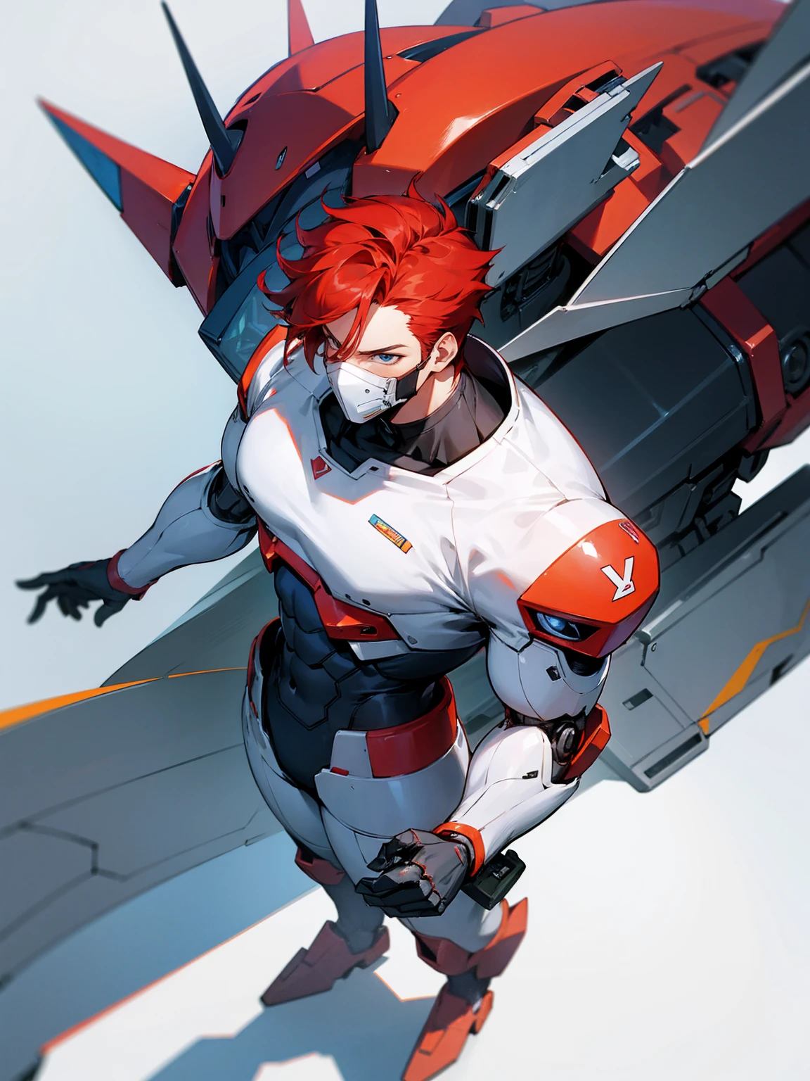 1male, super suit, red hair, robot mask, giant robot in background, standing on path