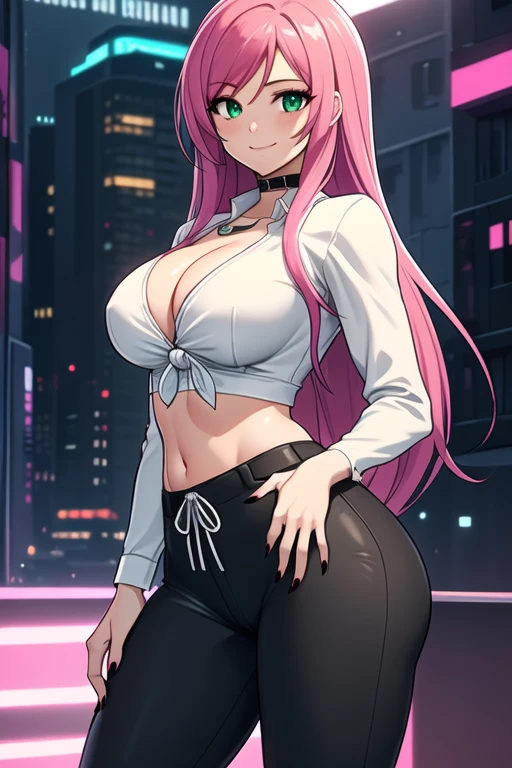 1 girl, 19 years old, Long pink hair, green eyes with slit pupils, master-piece, best quality, (standing up), (white shirt), (long sleeve white front-tie crop top, black pants, red nails, cleavage),  (Big , ultra gigantic , Super super big, Glamorous body), Make eye contact with the camera, front figure, looking forward, (light_Smile:1.5), (Detailed hands and fingers:1.2) (Cyberpunk City), (FULL BODYSHOT), thighs thighs thighs thighs、beauty legs、Bare legs