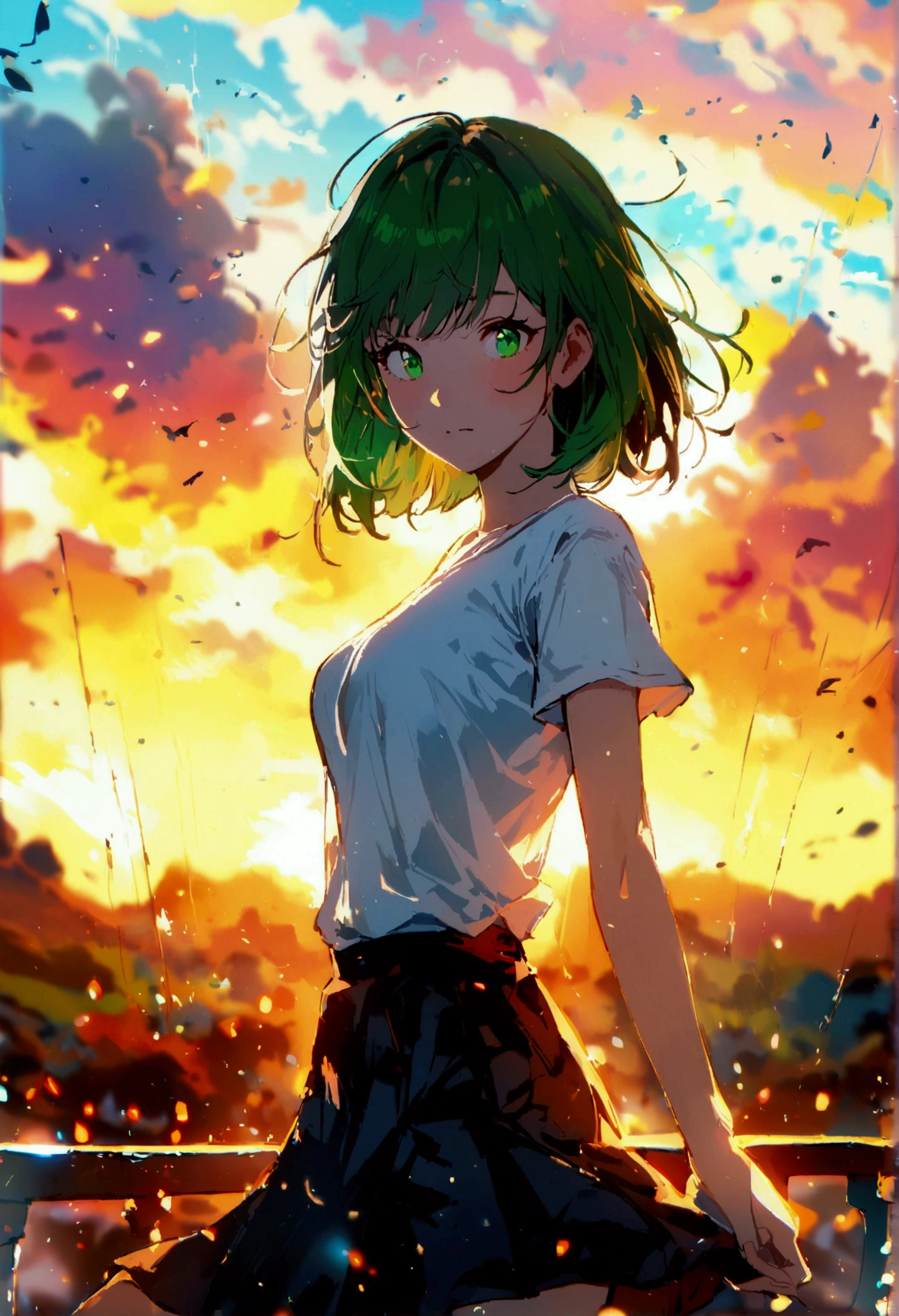 1 short hair girl, green eyes, wearing a white t-shirt and a black skirt, in the background a sunset