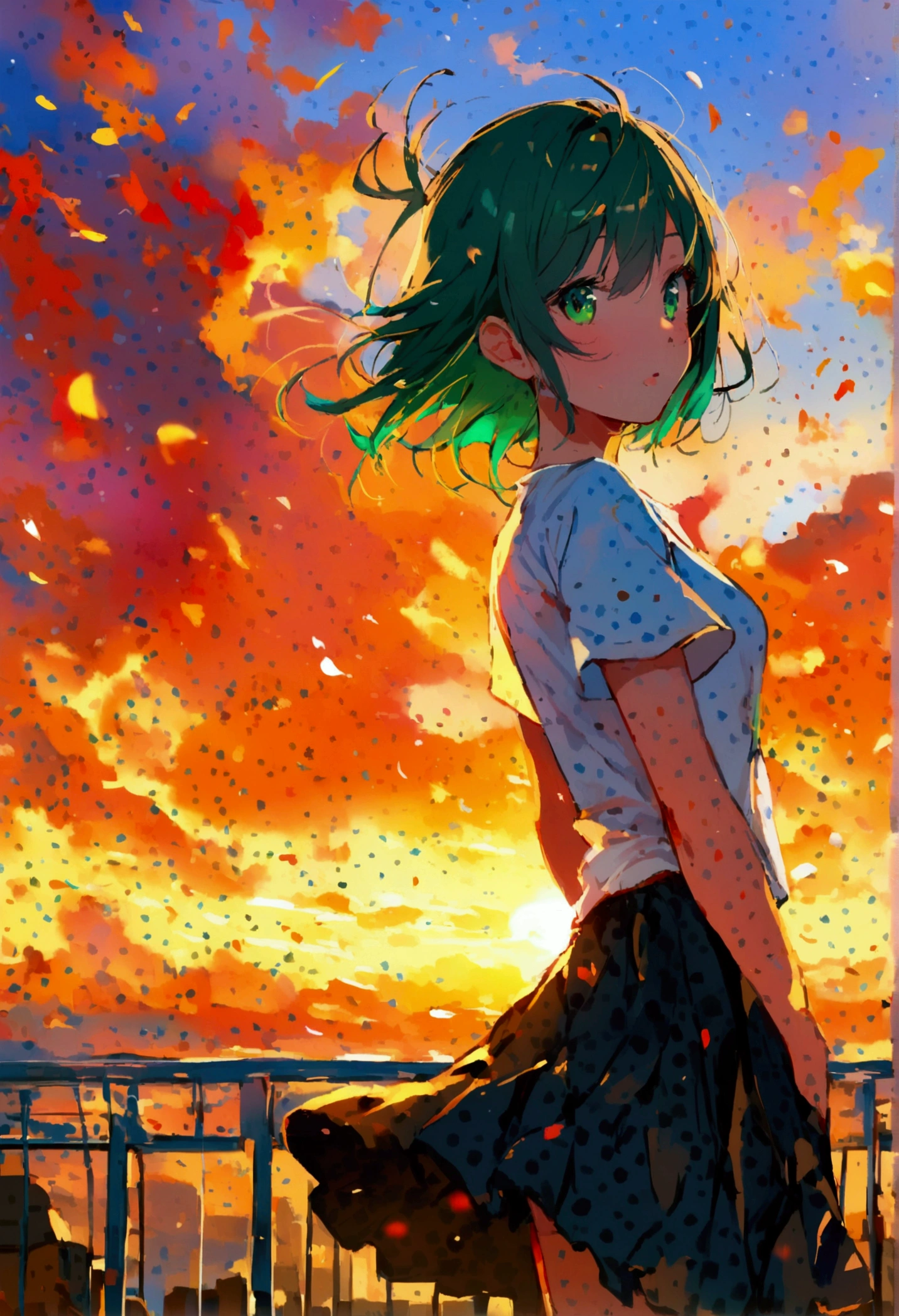 1 short hair girl, green eyes, wearing a white t-shirt and a black skirt, in the background a sunset