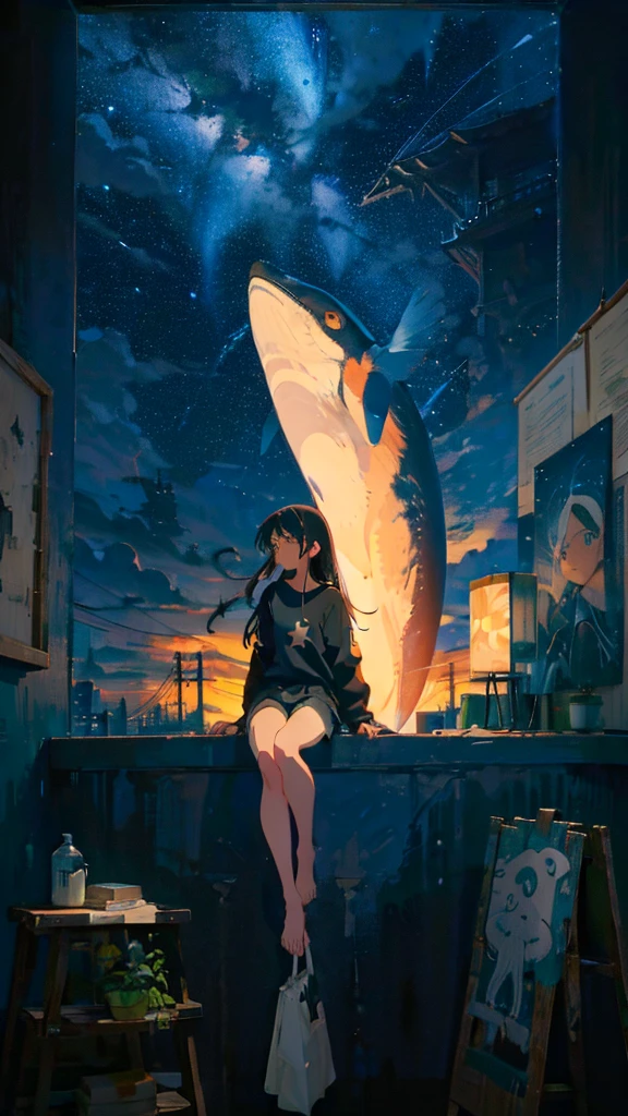 masterpiece, Exquisite detail,Highest quality, One girl, alone, handrail, cloud, Looking up at the buildings,Long Hair, NULL, Long sleeve, Power lines, White footwear, Black Hair, View your viewers, Electric pole, bangs, cloudy NULL, fish, bird, Green Eyes, Shorts, Day, Black Shirt, barefoot,Whale flying in the sky,Giant whale,night,star,milky way,night,Pitch black,Buildings,Sitting, High quality anime art style，Standing painting，Splash ink background，Blue Themes
