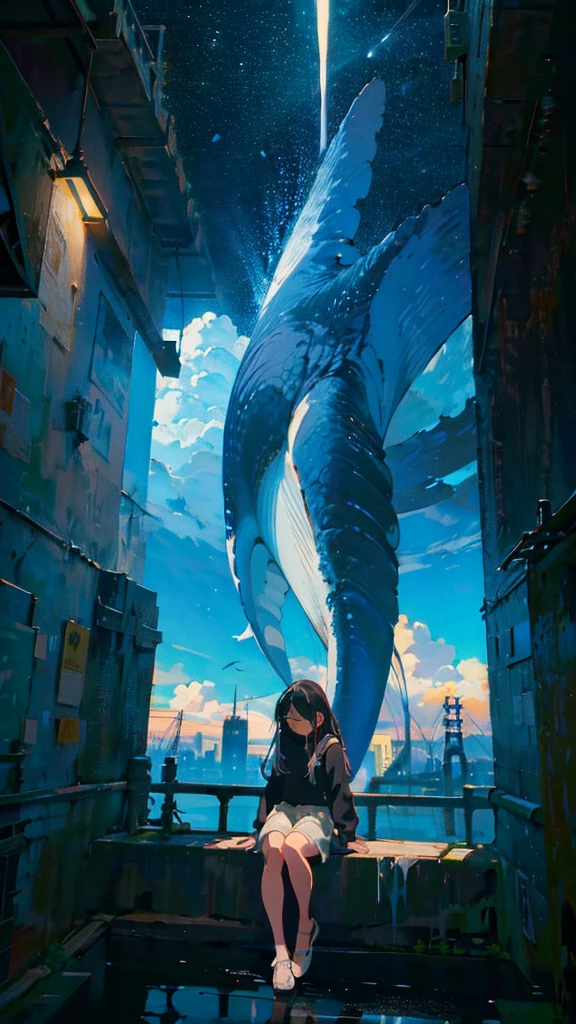 masterpiece, Exquisite detail,Highest quality, One girl, alone, handrail, cloud, Looking up at the buildings,Long Hair, NULL, Long sleeve, Power lines, White footwear, Black Hair, View your viewers, Electric pole, bangs, cloudy NULL, fish, bird, Green Eyes, Shorts, Day, Black Shirt, barefoot,Whale flying in the sky,Giant whale,night,star,milky way,night,Pitch black,Buildings,Sitting, High quality anime art style,Standing painting,Splash ink background,Blue Themes