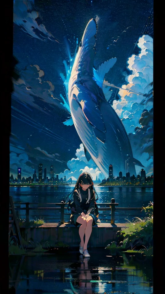 masterpiece, Exquisite detail,Highest quality, One girl, alone, handrail, cloud, Looking up at the buildings,Long Hair, NULL, Long sleeve, Power lines, White footwear, Black Hair, View your viewers, Electric pole, bangs, cloudy NULL, fish, bird, Green Eyes, Shorts, Day, Black Shirt, barefoot,Whale flying in the sky,Giant whale,night,star,milky way,night,Pitch black,Buildings,Sitting, High quality anime art style，Standing painting，Splash ink background，Blue Themes