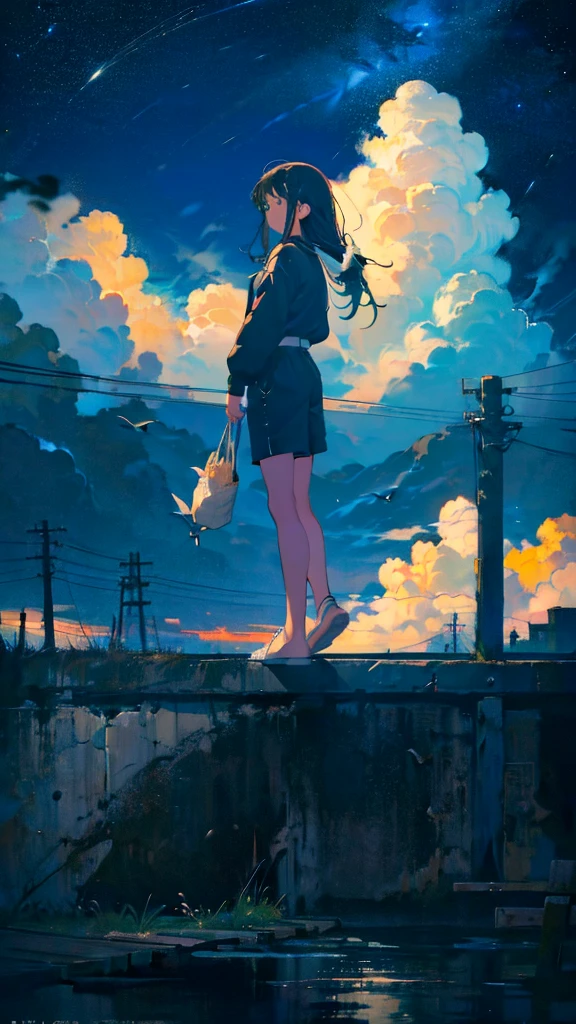 masterpiece, Exquisite detail,Highest quality, One girl, alone, handrail, cloud, Looking up at the buildings,Long Hair, NULL, Long sleeve, Power lines, White footwear, Black Hair, View your viewers, Electric pole, bangs, cloudy NULL, fish, bird, Green Eyes, Shorts, Day, Black Shirt, barefoot,Whale flying in the sky,Giant whale,night,star,milky way,night,Pitch black,Buildings,Sitting, High quality anime art style,Standing painting,Splash ink background,Blue Themes