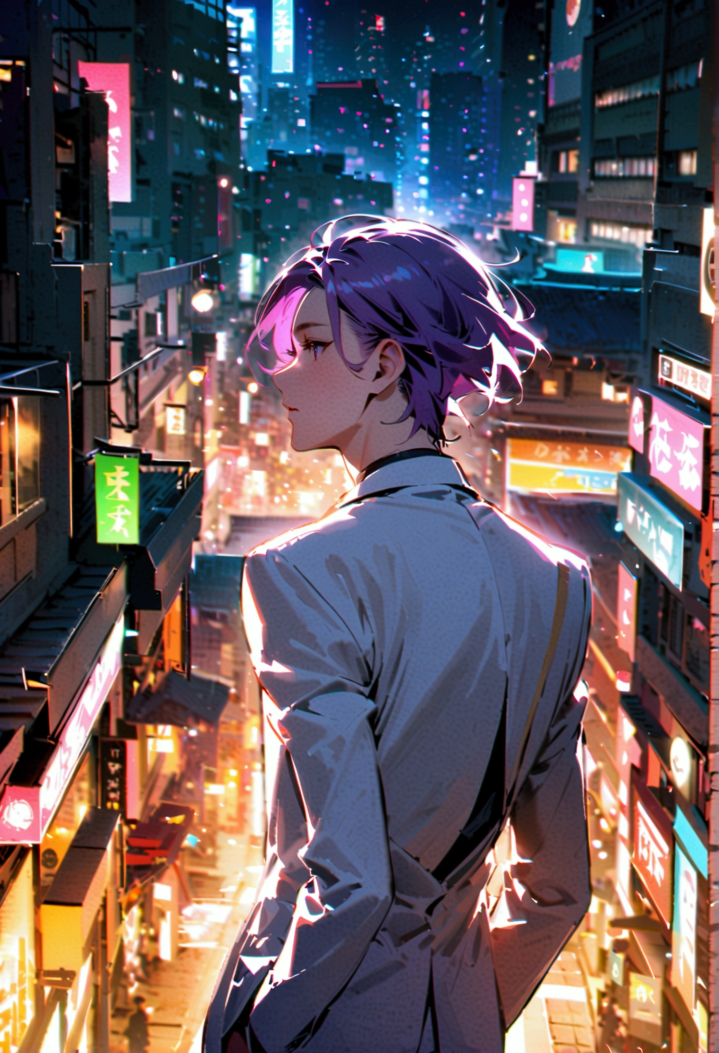 A man with purple hair in a white suit turns his back on the city at night.