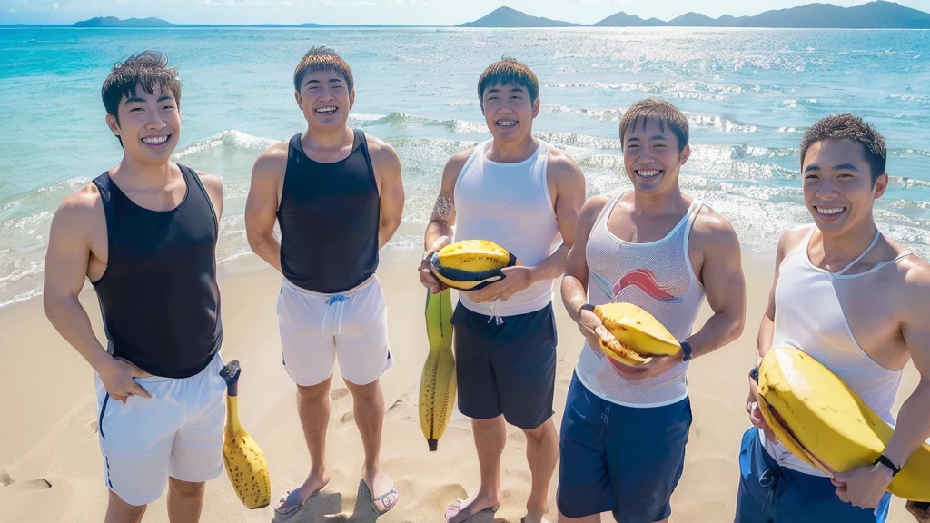 ultra-detailed, Angle from the front, (The view from below:1.4),
Beach, (Four Japanese men facing forward, standing at a distance and facing the viewer:1.6), (Four Smiles:1.9), wearing only swim trunks,
(crowd of men:1.1), beach chairs, beach ball, Beach umbrellas a short distance away, (toy banana boat in the sea:1.3), (Landscape Photography:0.7),