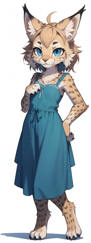 furry, female lynx, fur, detailed fur, whiskers
masterpiece, best quality, digital art, cartoon, detailed lines, high resolution, there’s a lynx standing upright on back paws, she has big blue beautiful eyes and cute face, cute lynx, she wears beautiful blue long dress, she has claws on paws