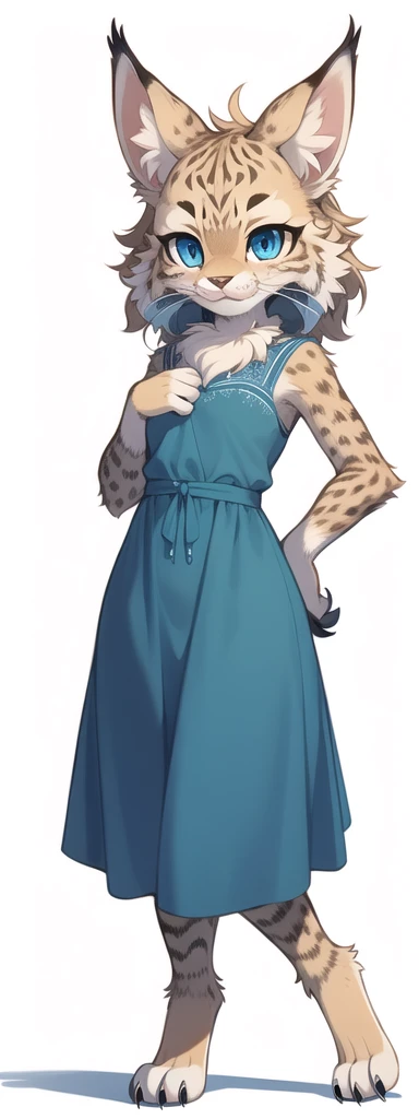 furry, female lynx, fur, detailed fur, whiskers
masterpiece, best quality, digital art, cartoon, detailed lines, high resolution, there’s a lynx standing upright on back paws, she has big blue beautiful eyes and cute face, cute lynx, she wears beautiful blue long dress, she has claws on paws