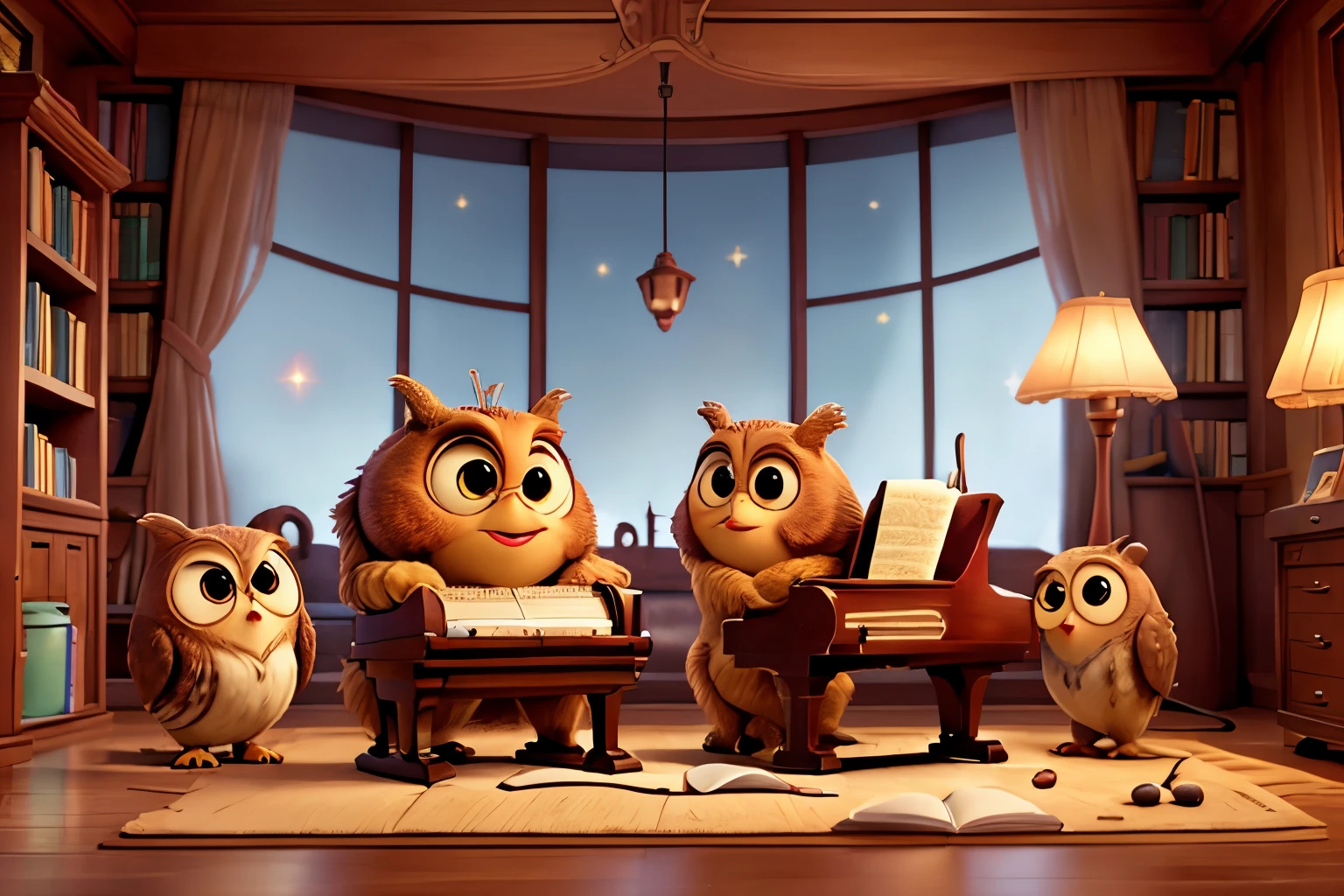 masterpiece, best quality, cute little brown fluffy Pixar monsters studying, owls, books, piano, old radio, stars and musical notes 