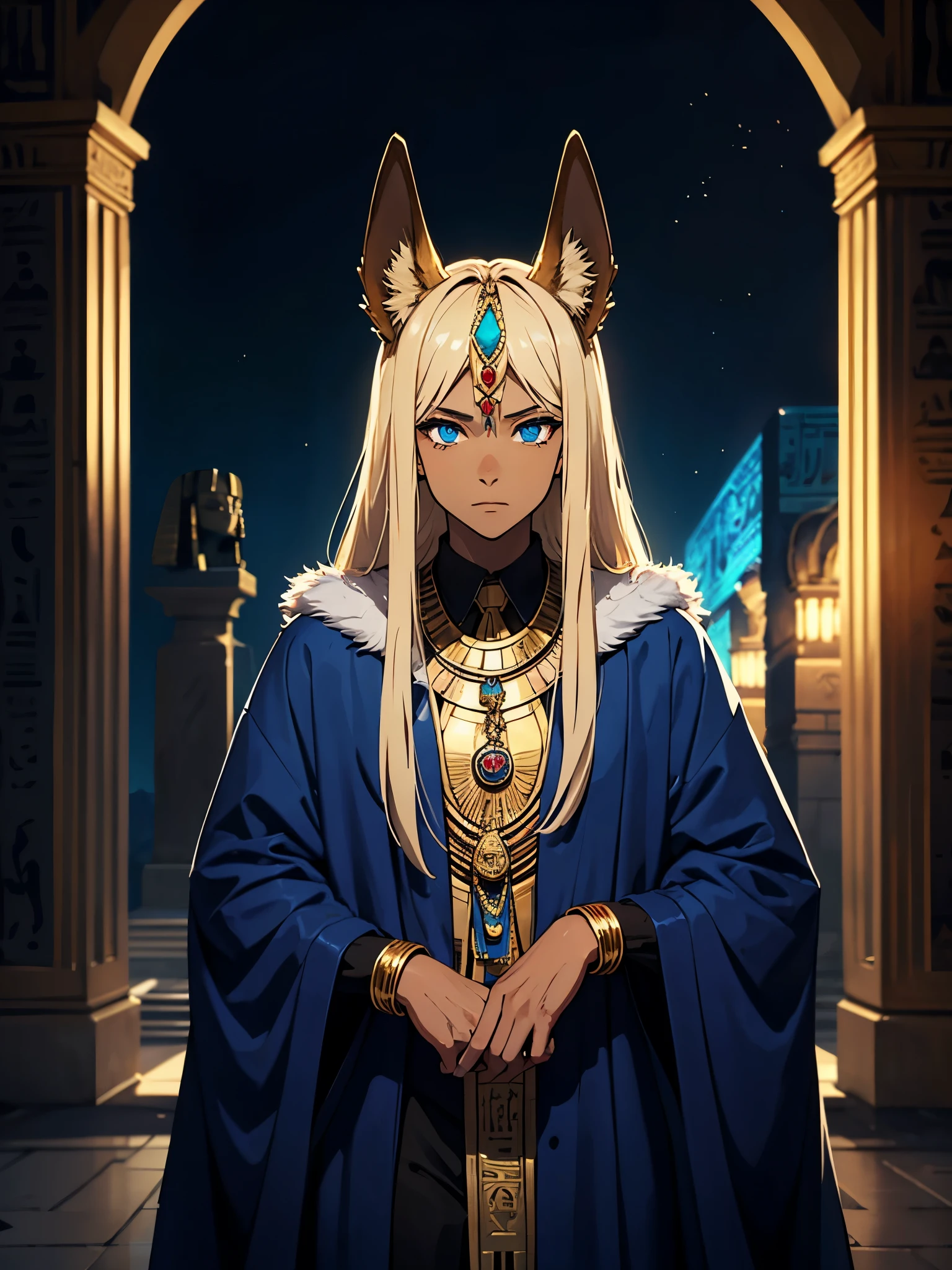 Blaue Augen. Mehr anime. Hübsch. Anubis. Anubisohren. Jackal ears with fur. Teenage boy. Egyptian deity Anubis. Egyptian clothing. long blond hair. Lots of gold jewelry. dark skin. Egyptian. dazzling blue eyes. mystical. divine.