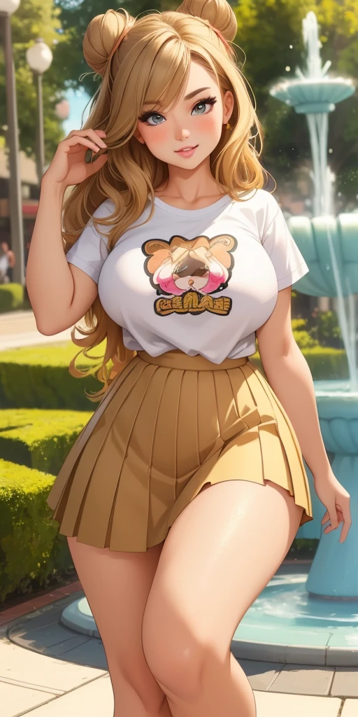 masterpiece, best quality, Short golden brown wavy hair, cute bun, barrettes, Medium high waist pleated skirt, strap blouse, t-shirt, athletic curves, Average breasts, Breasts pressed into the t-shirt, looking at viewer, , cowboy shot, (best quality, ultra detailed, photorealistic: 1.39), bright and vibrant colors, studio lighting, romantic expression, seductive, cute girl, On the elegant walking street, park with fountain in the distance