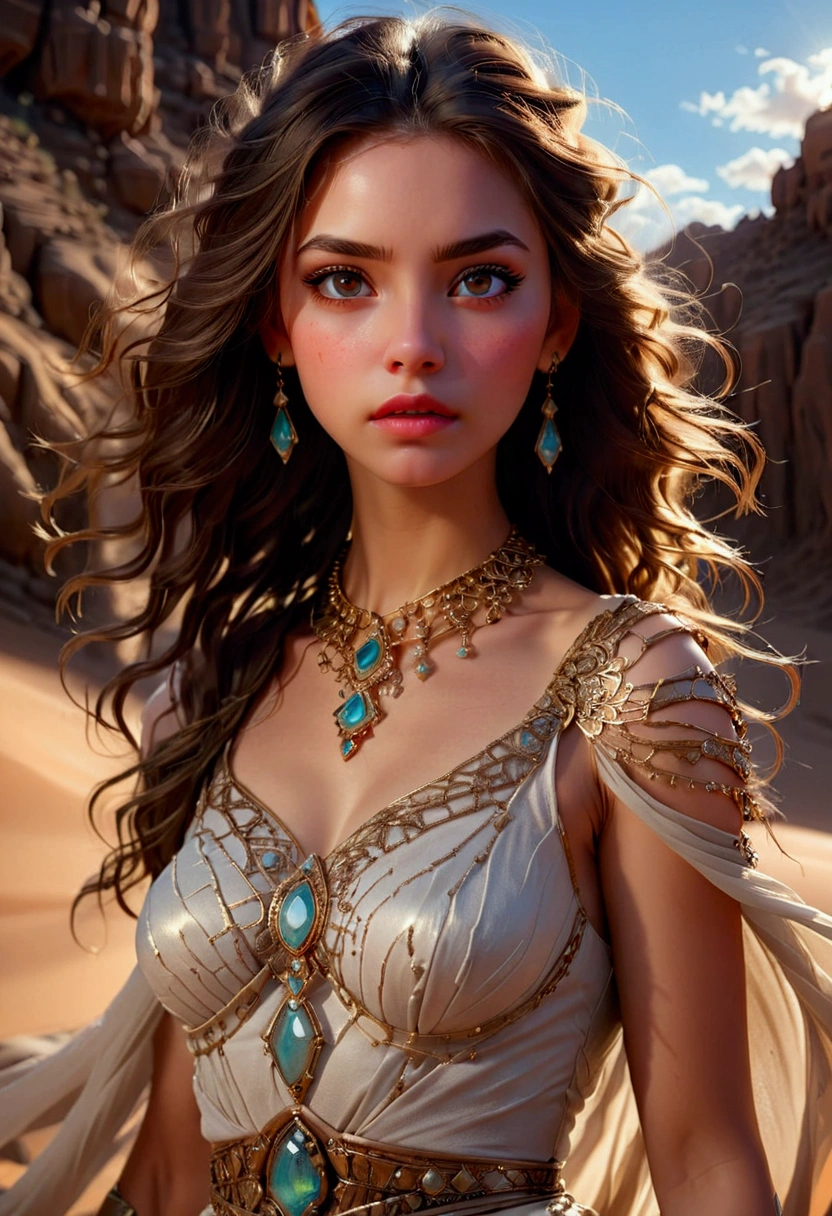 1girl, Desert Princess, A beautiful desert princess, detailed face, long eyelashes, full lips, flowing dress, intricate jewelry, desert landscape, dramatic lighting, epic fantasy, cinematic, highly detailed, 8K, masterpiece, best quality, very aesthetic, absurdres