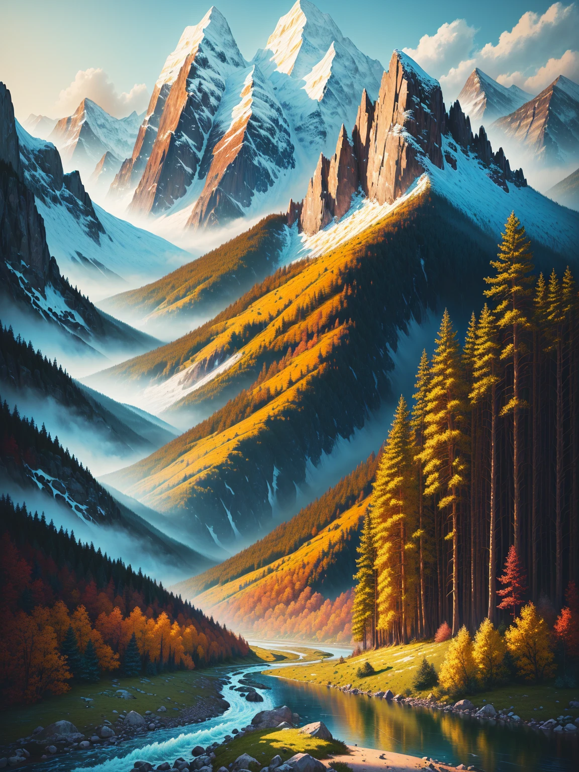 a painting of a mountain landscape with a river and a forest, 4k highly detailed digital art, beautiful art uhd 4 k, magical landscape, very beautiful digital art, dream scenery art, fantasy painting hd, fantasy art landscape, amazing wallpaper, 4k hd matte digital painting, magnificent background, beautiful digital artwork, 4 k hd wallpaper very detailed