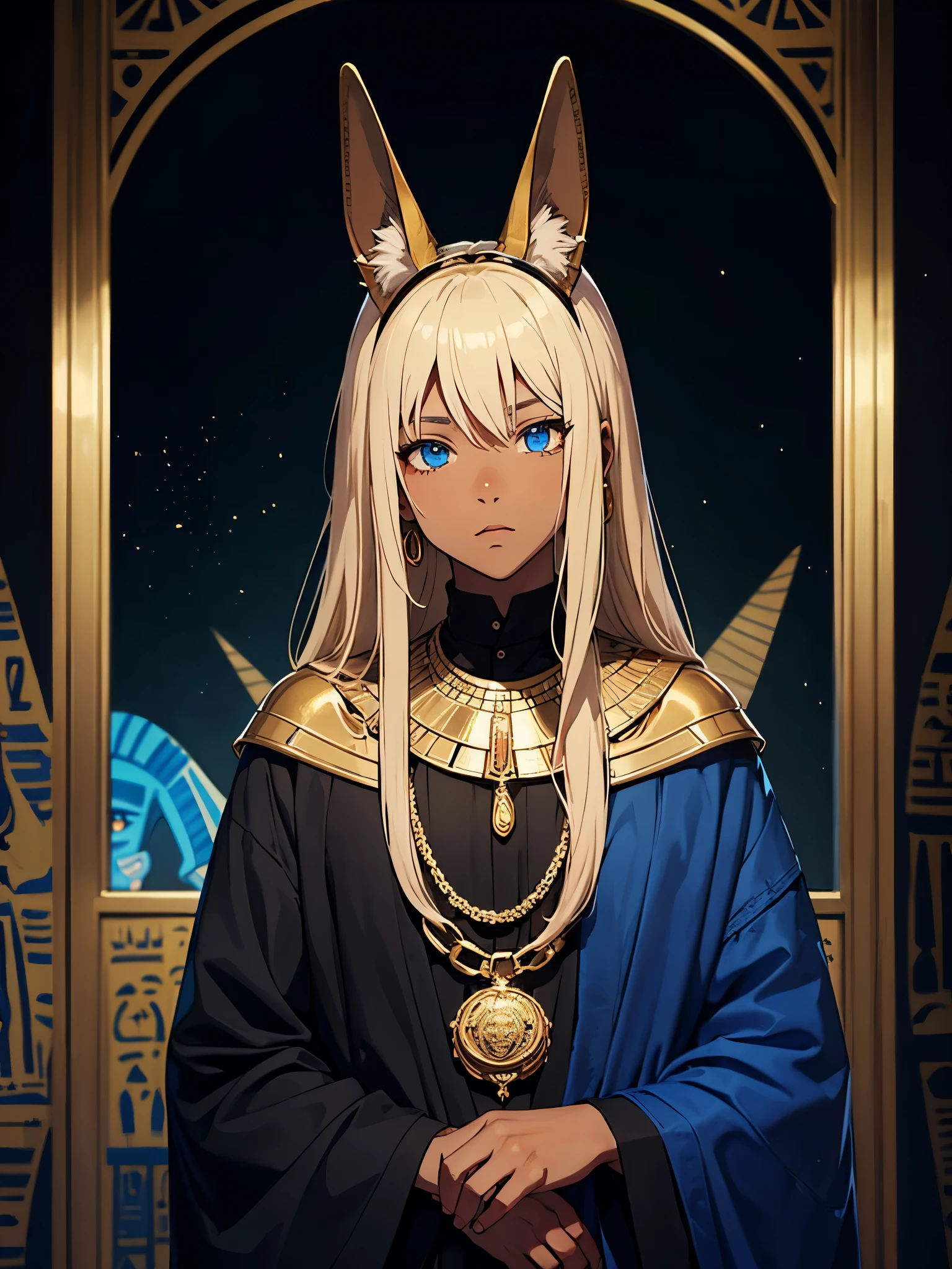 Blaue Augen. Mehr anime. Hübsch. Anubis. Anubisohren. Jackal ears with fur. Teenage boy. Egyptian deity Anubis. Egyptian clothing. long blond hair. Lots of gold jewelry. dark skin. Egyptian. dazzling blue eyes. mystical. divine.