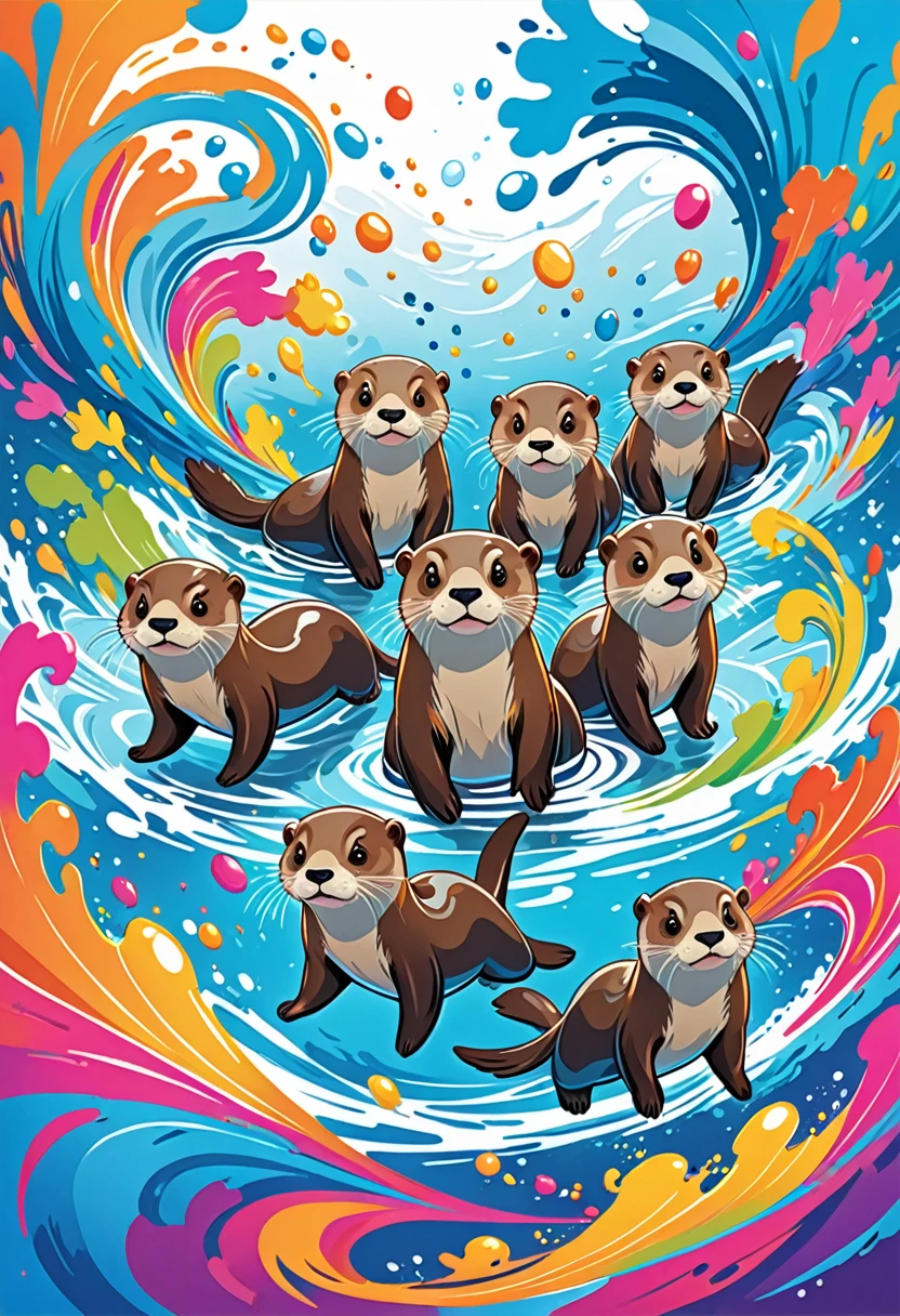 vectorial art, Colorful illustration with six cartoon otters, At the center, swirly vibrant colors, paint splashes and smears, high détail, Underwater swimming background