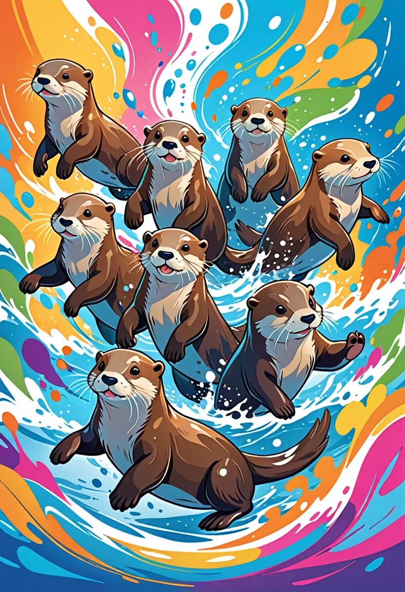 vectorial art, Colorful illustration with six cartoon otters, At the center, swirly vibrant colors, paint splashes and smears, high détail, Underwater swimming background