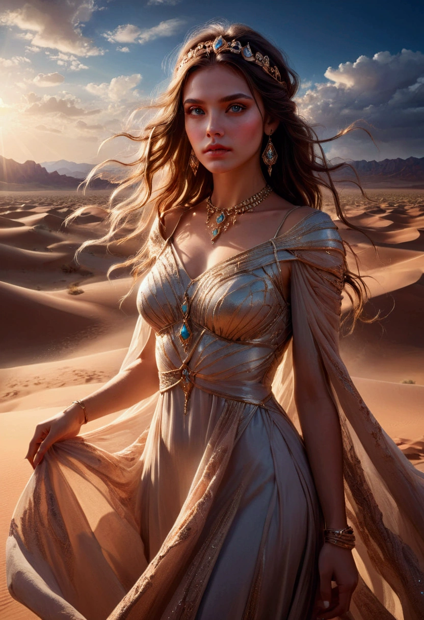 1girl, Desert Princess, A beautiful desert princess, detailed face, long eyelashes, full lips, flowing dress, intricate jewelry, desert landscape, dramatic lighting, epic fantasy, cinematic, highly detailed, 8K, masterpiece, best quality, very aesthetic, absurdres