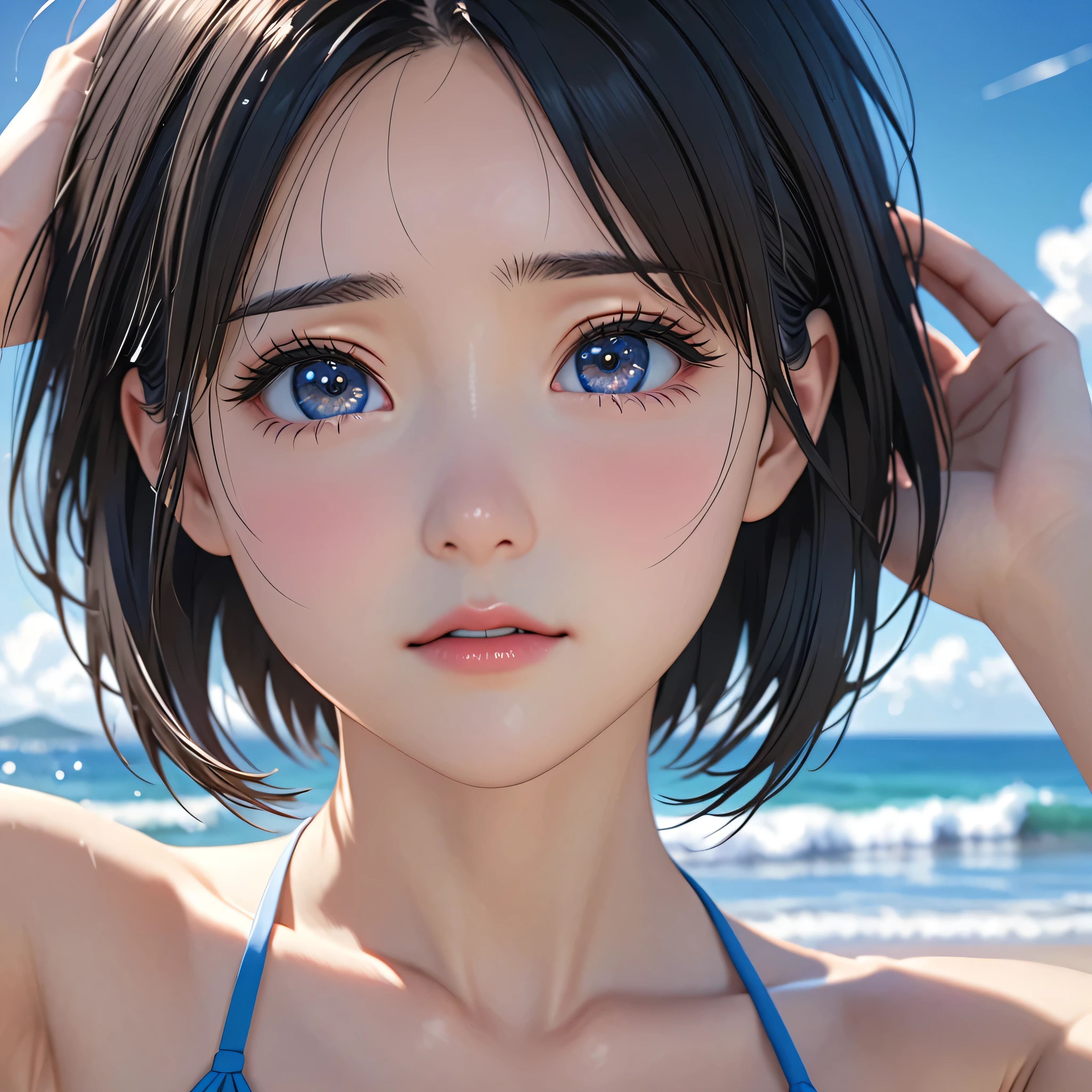 National Science Foundation,masterpiece,High resolution,8K,Art,digit,Three-dimensional,Realism,Kyoto Animation Style,your name movie style,baby face,looking into camera,On the scenic seaside,(1 girl: 1.3),(alone: 1.4),(bikini),Put your hands behind your head,Black hair,Long eyelashes,Slender legs,Short Bob,Close-up of upper body,Close-up,Close up,Eyes as deep as the starry sky,shy,pain,sad,Awkward