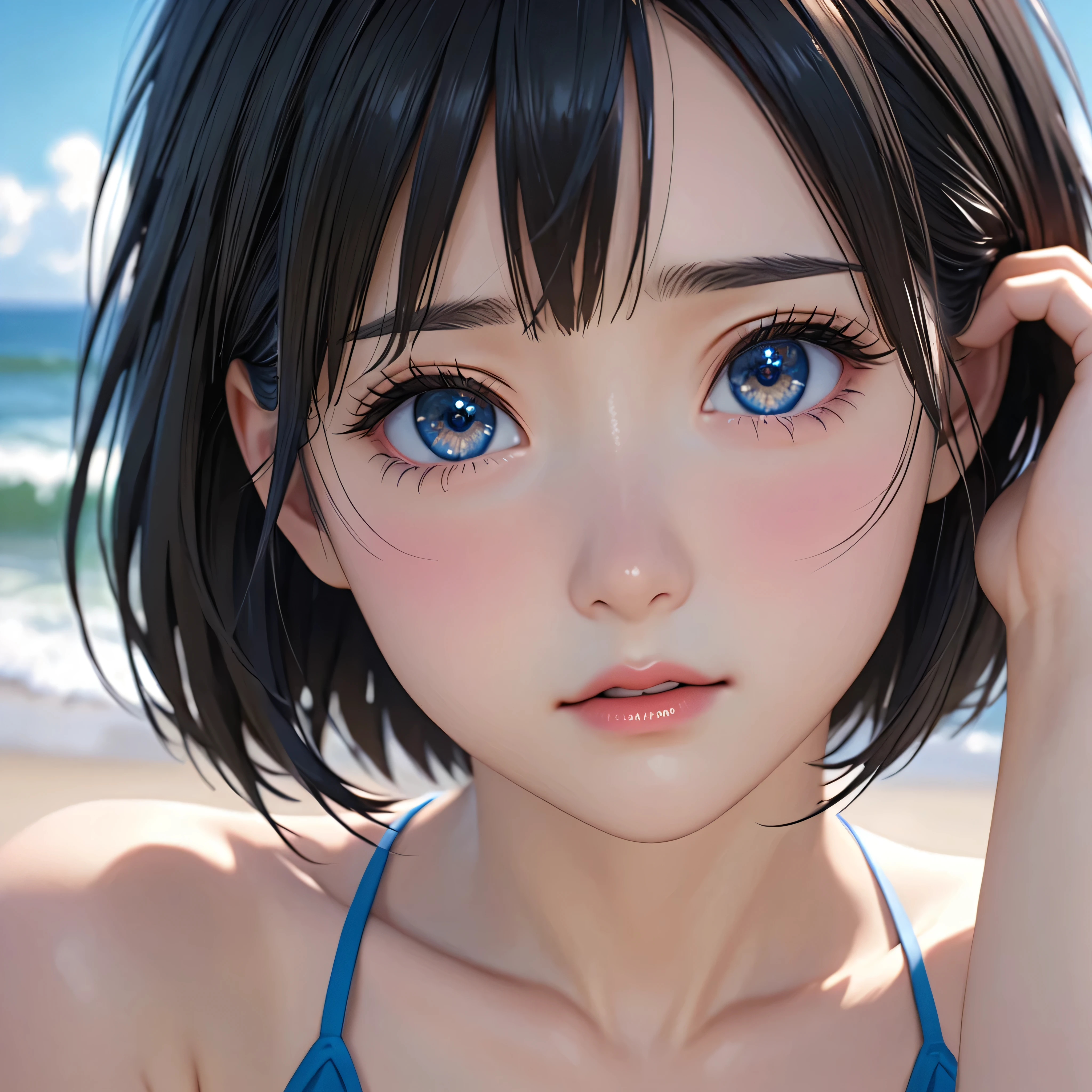 National Science Foundation,masterpiece,High resolution,8K,Art,digit,Three-dimensional,Realism,Kyoto Animation Style,your name movie style,baby face,looking into camera,On the scenic seaside,(1 girl: 1.3),(alone: 1.4),(bikini),Put your hands behind your head,Black hair,Long eyelashes,Slender legs,Short Bob,Close-up of upper body,Close-up,Close up,Eyes as deep as the starry sky,shy,pain,sad,Awkward