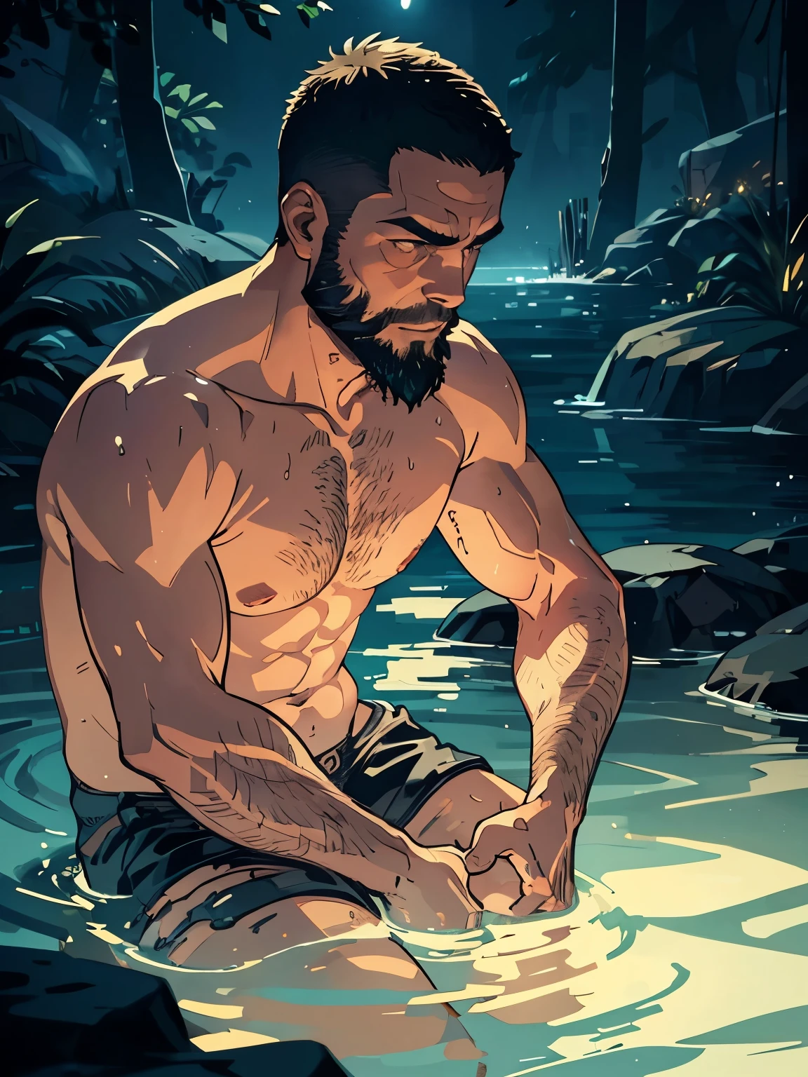 A 46-year-old middle-aged man bathing in water、Completely naked、Short Hair、beard、buzzcut、Masculine、Dark and mysterious atmosphere at night、Flame Light