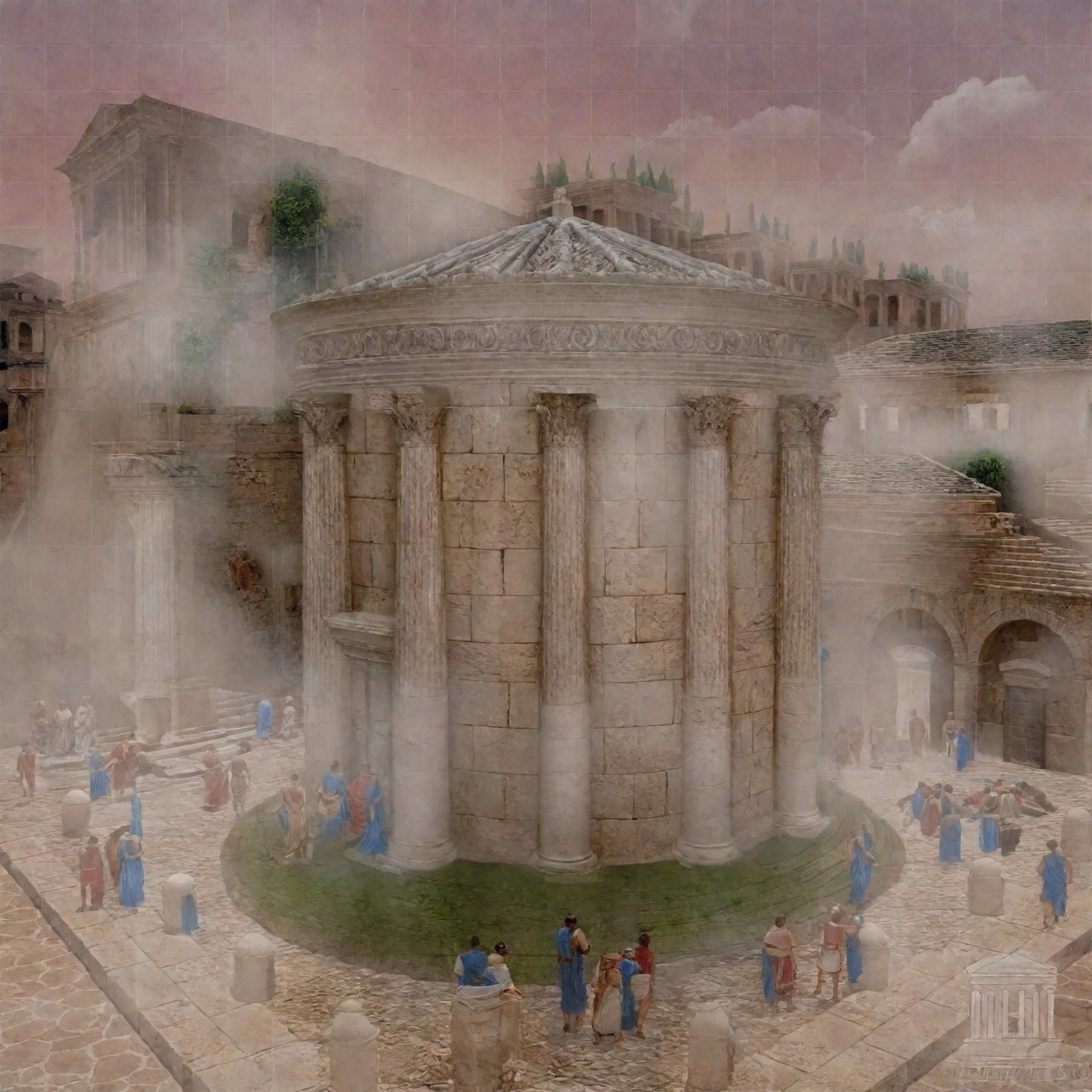 there is a small building with a fountain in the middle of it, market in ancient rome, old roman style, roman city, ancient roman style, ancient roman setting, roman festival backdrop, ancient rome, ancient marble city, ( ( ruins of ancient rome ) ), roman style, ancient greek city, roman architecture,