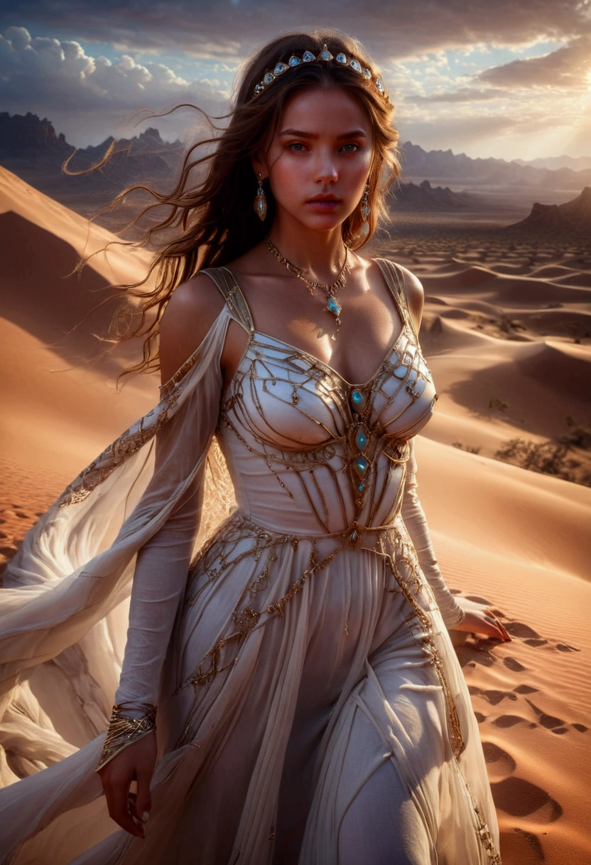1girl, Desert Princess, A beautiful desert princess, detailed face, long eyelashes, full lips, flowing dress, intricate jewelry, desert landscape, dramatic lighting, epic fantasy, cinematic, highly detailed, 8K, masterpiece, best quality, very aesthetic, absurdres