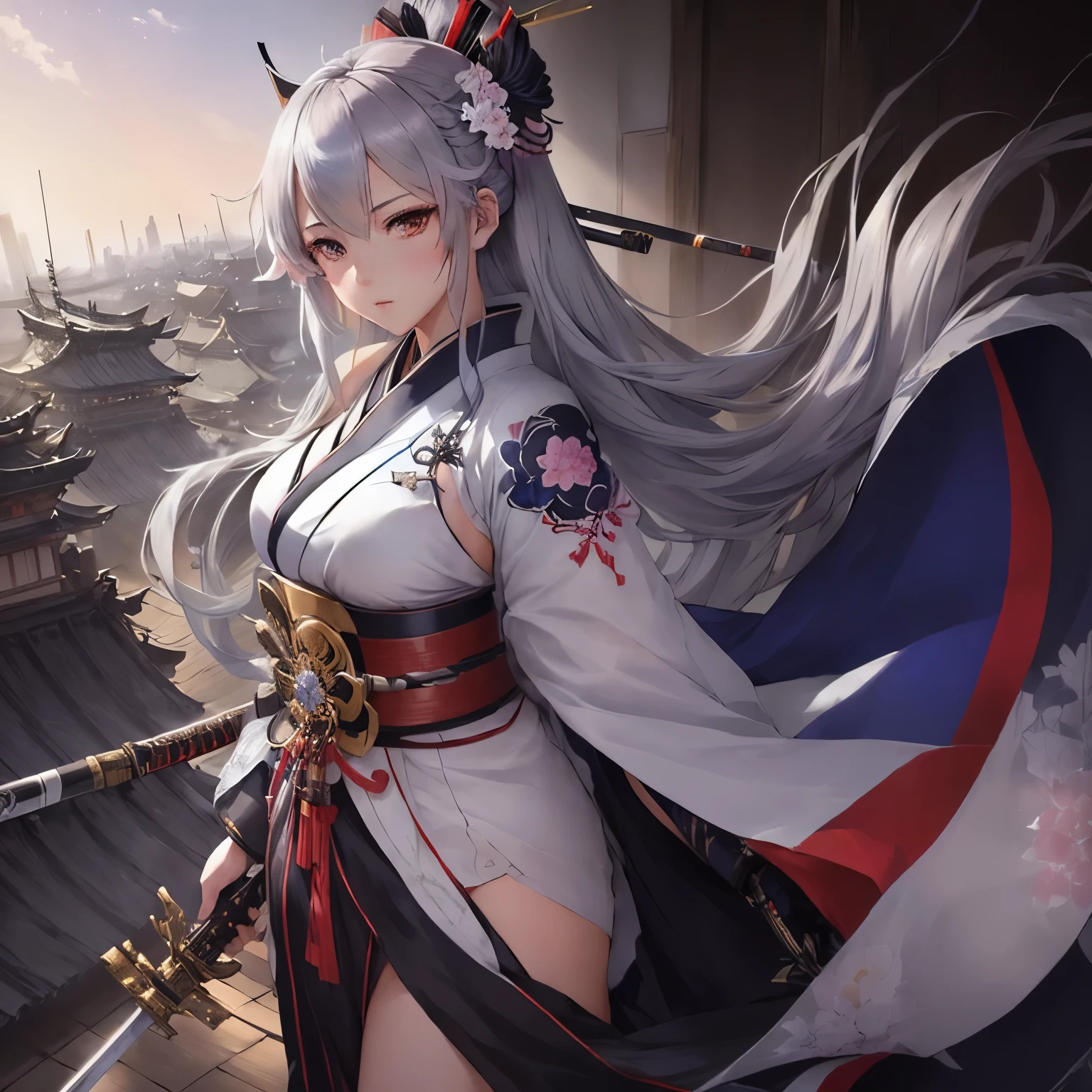 Anime girl wearing artistic samurai sword and kimono standing on a rooftop with sky background, From the Azur Lane video game, Kschaert Krentz Key Art Feminine, From Arknights, from Girls' Frontline, Azur Lane Style, Best anime 4k konachan wallpaper, Azur Lane Characters, Female Action Anime Girl, Girls' Frontline cg, Fine details. Girls' Frontline