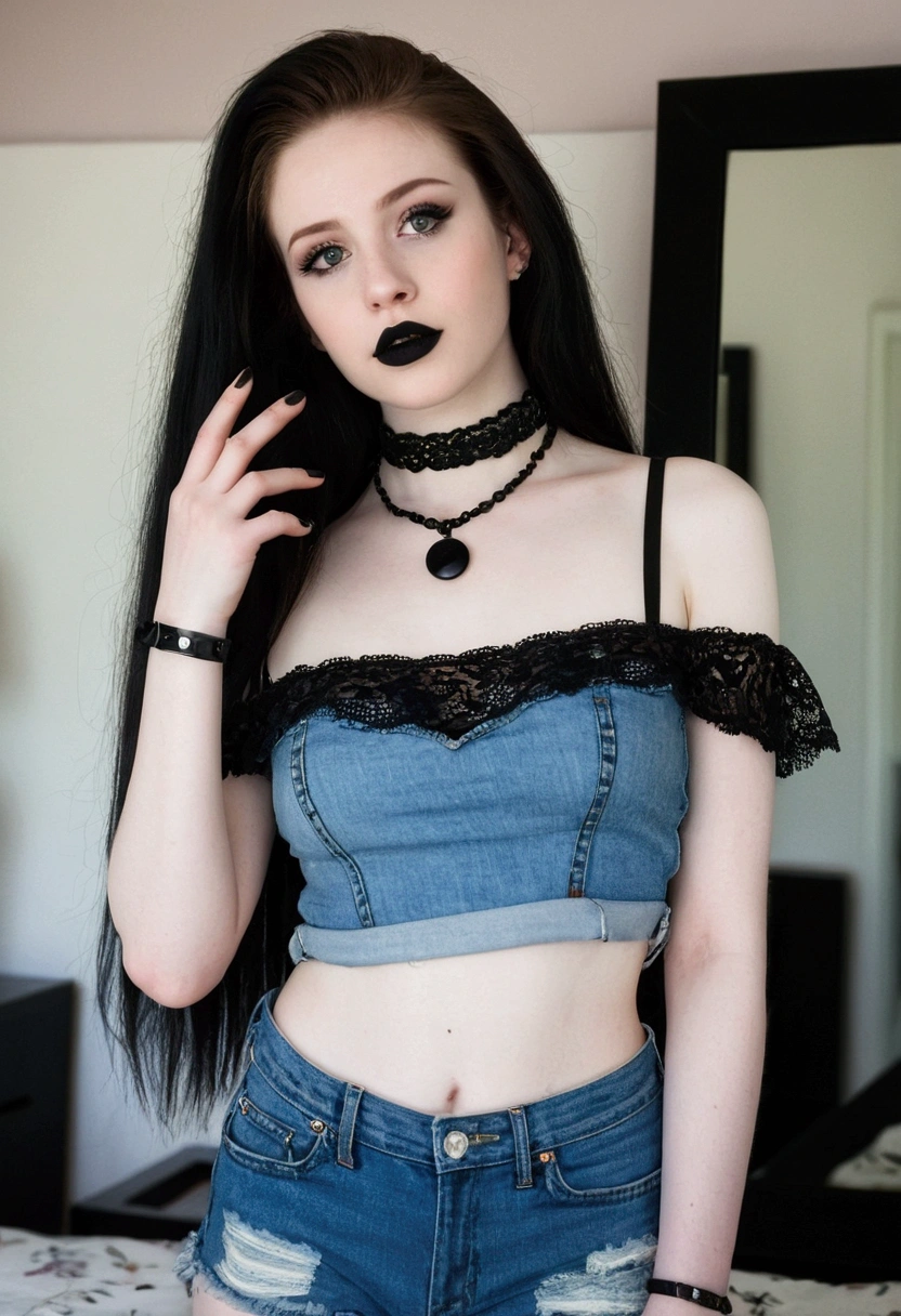 mirror photo, bedroom, photo of 24 y.o beautiful woman, pale skin, wearing a choker, black lipstick, black nails, jean shorts, midriff showing