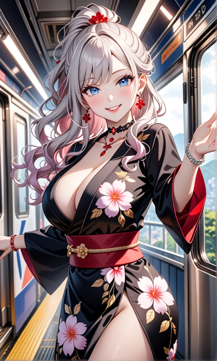 ultra-detailed, ((one girl)), (pale skin:1.4), in pastel colors gyaru, (heavy makeup), (professional lighting) hyper detailed, absurdres, 8K, Beautiful Face, (Laugh shyly), ((teasing smile:1.8)), ((Wink:1.7)), (Laugh with your mouth wide open),((Tilt your face:1.6)), View your viewers, ((Bright red cheeks:1.6)),Glossy Red Lips, ((:1.5)), ((undressing:n, Getting off the train , ((Anime style background)),masterpiece, Highest quality, so beautiful,Latest, Complex details, (Pink long nails), (nail art), (ring),(bracelet), (Floral Choker),AI-generated, Complex,High resolution, Highest quality, super high quality,3D Images、3D Images,One person,Pastel silver long hair,(High Ponytail), (wavy hair:1.3), Pastel anime woman posing for a photo, ((Fine grain、blue eyes、glowing eyes:1.4)), (Squint your eyes:1.1),a hyperRealistic , hyperRealistic , Realistic,Anime woman with long pastel white hair, Smooth anime CG art, A girl in a gorgeous black kimono, ((Black long-sleeved kimono)),(Pink large floral pattern), Golden embroidery, Long flower hair ornament,Floral Earrings,Mature Body, tall,Narist, ((Reaching out:1.7)),