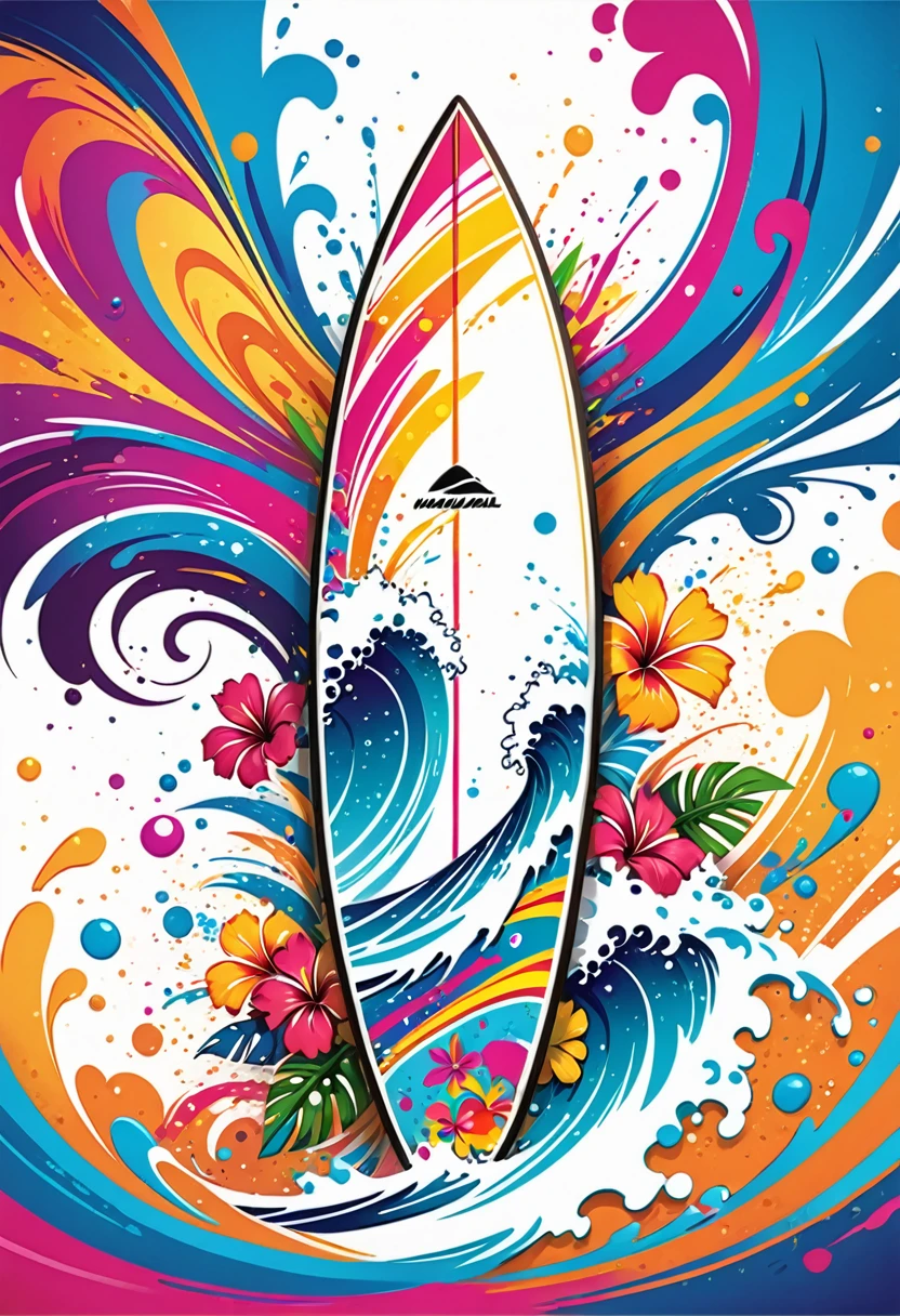 vectorial art, Colorful illustration with a surfboard, At the center, swirly vibrant colors, paint splashes and smears, high détail,Hawaiian style background