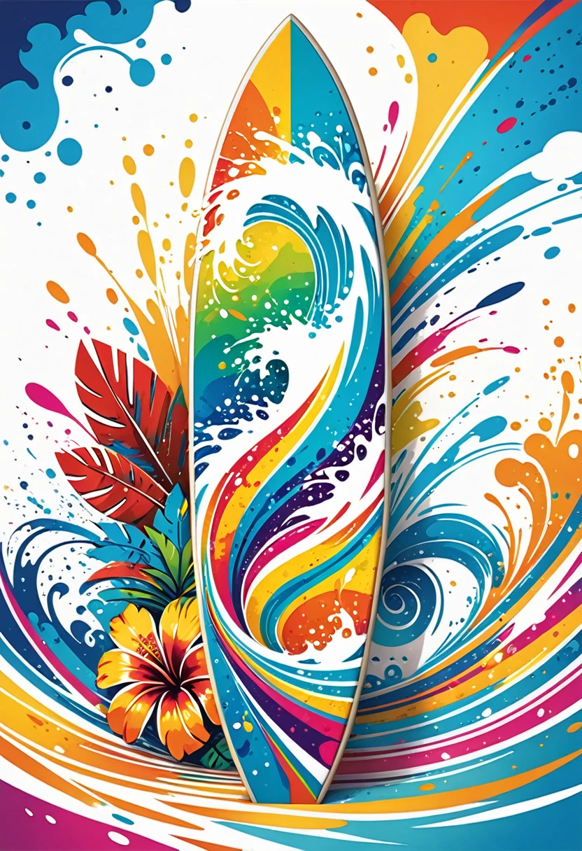 vectorial art, Colorful illustration with a surfboard, At the center, swirly vibrant colors, paint splashes and smears, high détail,Hawaiian style background
