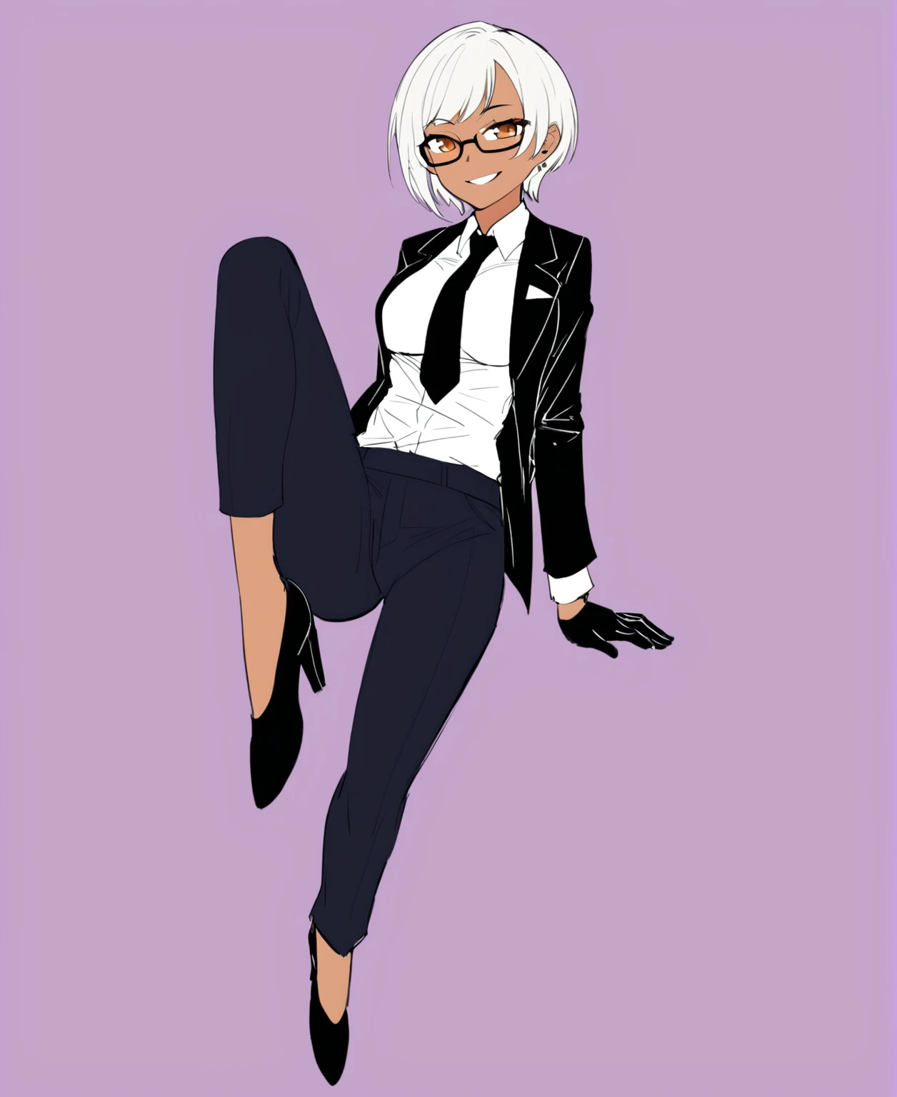 sketch of woman character artist in formal clothes and glasses, wearing a white shirt and black tie, 1girl, dark skin, solo, gloves, dark-skinned female, white hair, pants, short hair, shirt, black gloves, bow, black pants, glasses, breasts, bowtie, smile, white shirt, looking at viewer, long sleeves, full body, ((Leg Crossing ))